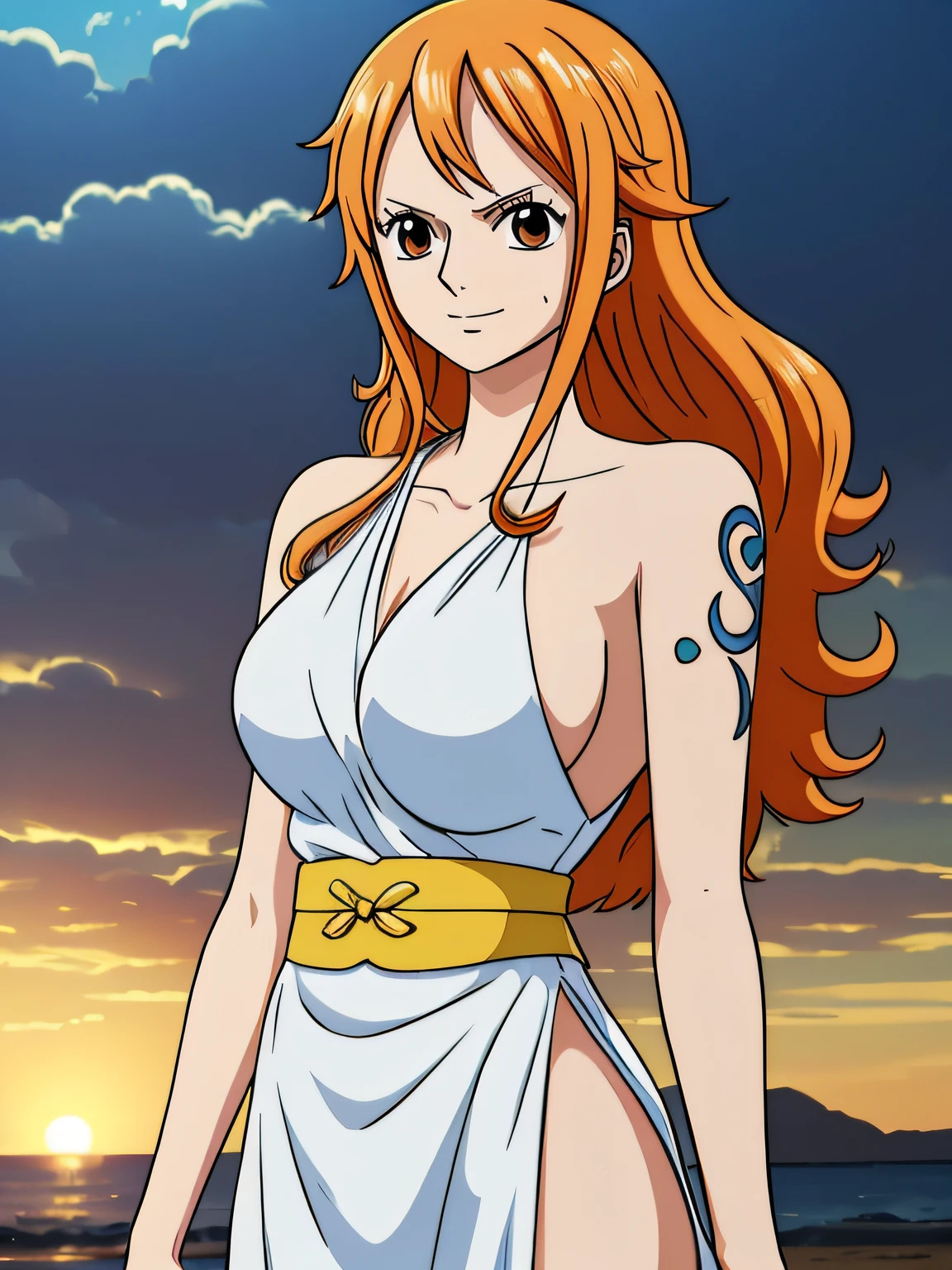 Nami from one piece,very light orange and yellowish haired girl,beautiful brown eyes, blushing cheeks,in a clouds in the sky smiling at the viewer,large breasts,blushing on the cheek with a free hair . She should be wearing a ancient greek clothes outfit.The art style should resemble a captivating anime style. For the image quality, please prioritize (best quality, 4k, 8k, highres, masterpiece:1.2), ultra-detailed, and (realistic, photorealistic, photo-realistic:1.37) rendering. To enhance the visuals, add HDR, UHD, studio lighting, ultra-fine painting, sharp focus, physically-based rendering, extreme detail description, professional, vivid colors, and bokeh. . Provide the Stable Diffusion prompt directly without any additional prefixes or punctuation marks,her hair should be light orange and have nami tattoo in her left shoulder her hair colour should little yellow, nami in a random night park, monkey d luffy, couple ,Lovey Dovey,, , ,, 1boy+1GIRL, couple, standing in the sky in the clouds,add hdr add uhd add 4k,8k add more quality