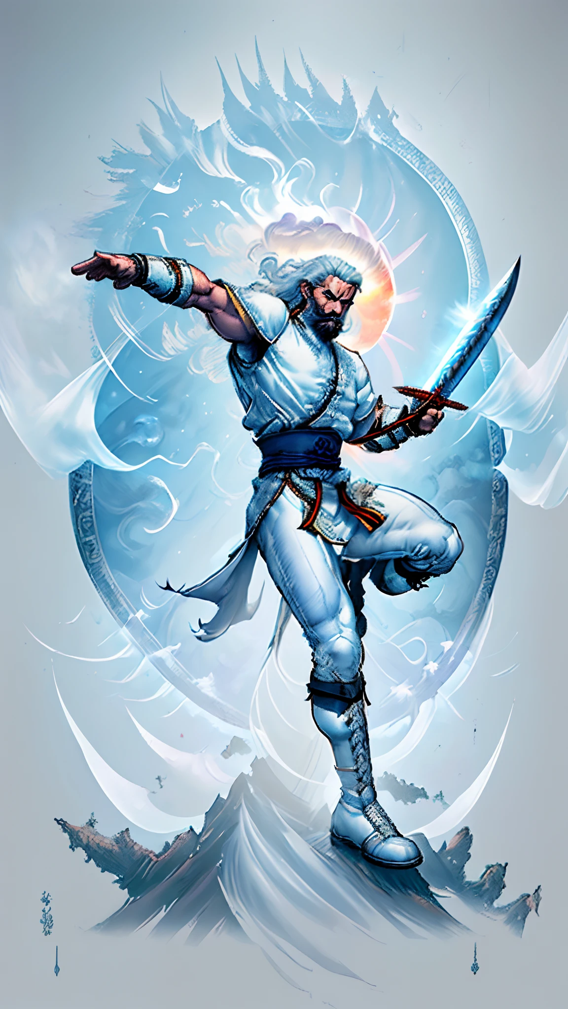Digital illustration art，Heroes of ancient China，Has long white hair and a long beard，Handsome，thick white eyebrows, White robe and leather boots，(((Step on the iron sword)))，Big eyes，Super fit，kung fu pose，raiden，Greatwave，Fire，((Ghosted background))