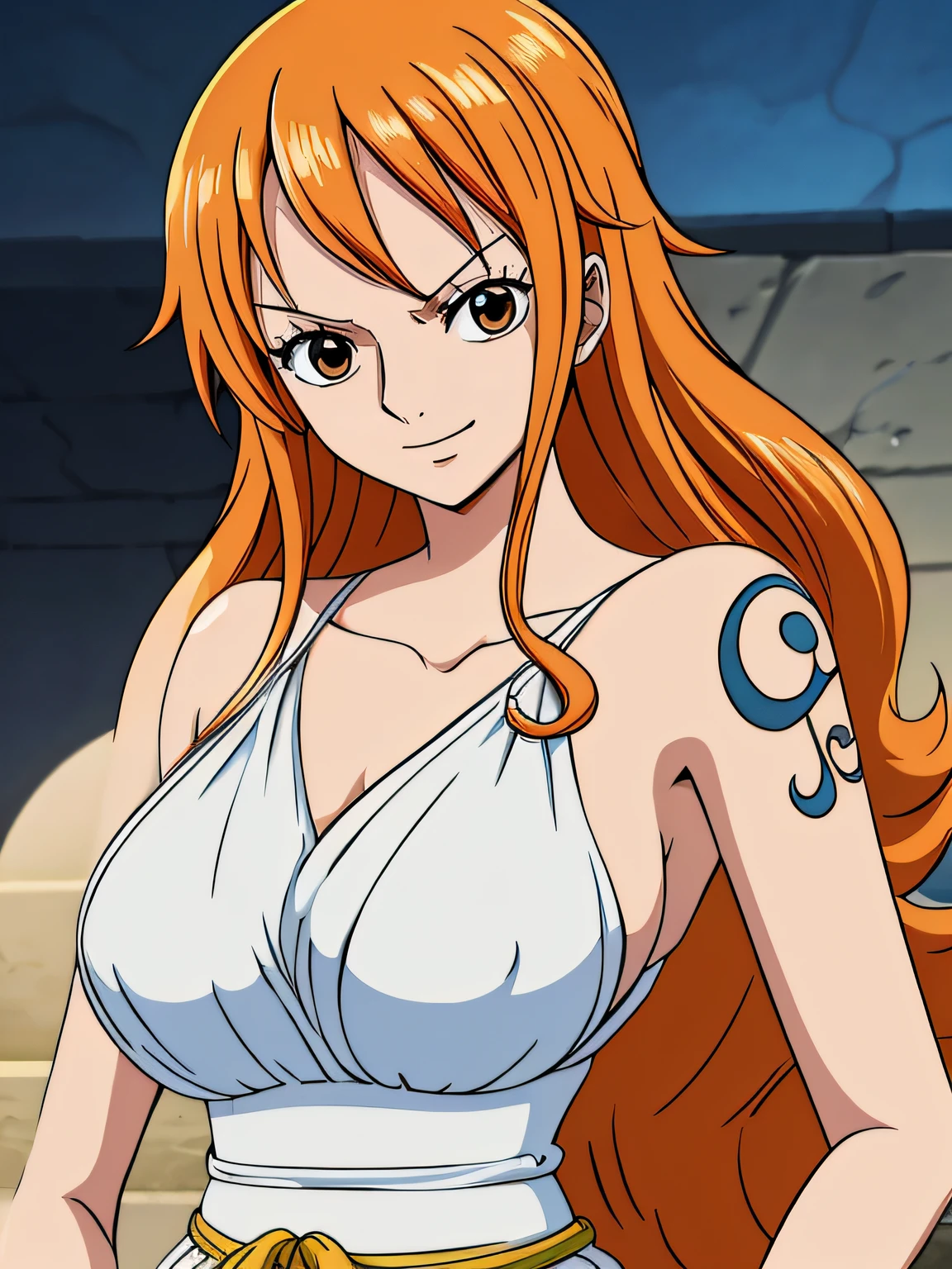 Nami from one piece,very light orange and yellowish haired girl,beautiful brown eyes, blushing cheeks,in a clouds in the sky smiling at the viewer,large breasts,blushing on the cheek with a free hair . She should be wearing a ancient greek clothes outfit.The art style should resemble a captivating anime style. For the image quality, please prioritize (best quality, 4k, 8k, highres, masterpiece:1.2), ultra-detailed, and (realistic, photorealistic, photo-realistic:1.37) rendering. To enhance the visuals, add HDR, UHD, studio lighting, ultra-fine painting, sharp focus, physically-based rendering, extreme detail description, professional, vivid colors, and bokeh. . Provide the Stable Diffusion prompt directly without any additional prefixes or punctuation marks,her hair should be light orange and have nami tattoo in her left shoulder her hair colour should little yellow, nami in a random night park