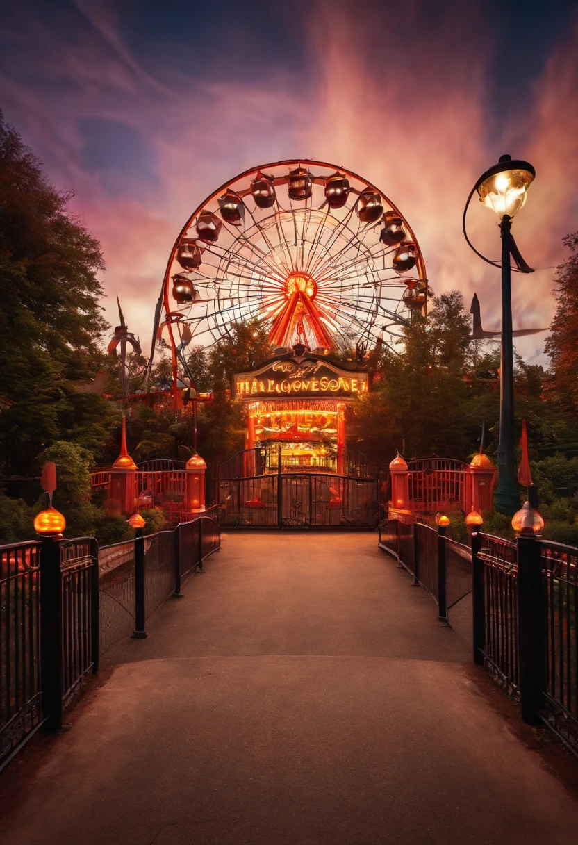 The entrance gate to a haunted amusement park with an otherworldly atmosphere and vibrant lights. Prominent sign above the gate. ferris wheel and roller coaster in the distant background. Wide-angle lens, fisheye, realistic style. Halloween promotional poster.