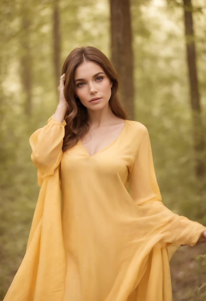 Photograph of a beautiful girl in her 20s in plain pajamas on a long yellow cloth, Sentado en un tronco en un bosque brumoso, Abundante cabello amarillo, Franja arbustiva, Ojos brillantes y hermosos, beautiful symmetrical face, Cara linda e inocente, sin maquillaje, sin adornos, Film grain, Dream photos, Foto conceptual, Emotional photography, Film photography, realistic photograph, realista, foco nítido, 14k, Altamente detallado, Sociedad CG, Ultra-definition, Grano muy fino, Fotos polvorientas, Filtro de grano tomada con un Iphone 11 , in a red color dress