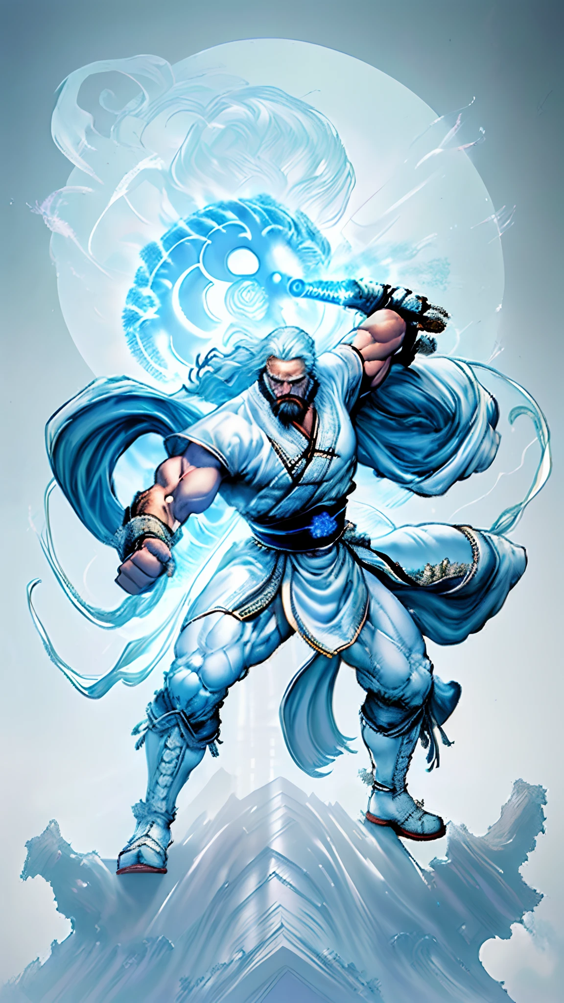 Digital illustration art，Heroes of ancient China，Has long white hair and a long beard，Handsome，thick white eyebrows, White robe and leather boots，(((Step on the iron sword)))，Big eyes，Super fit，kung fu pose，raiden，Greatwave，Fire，((Ghosted background))