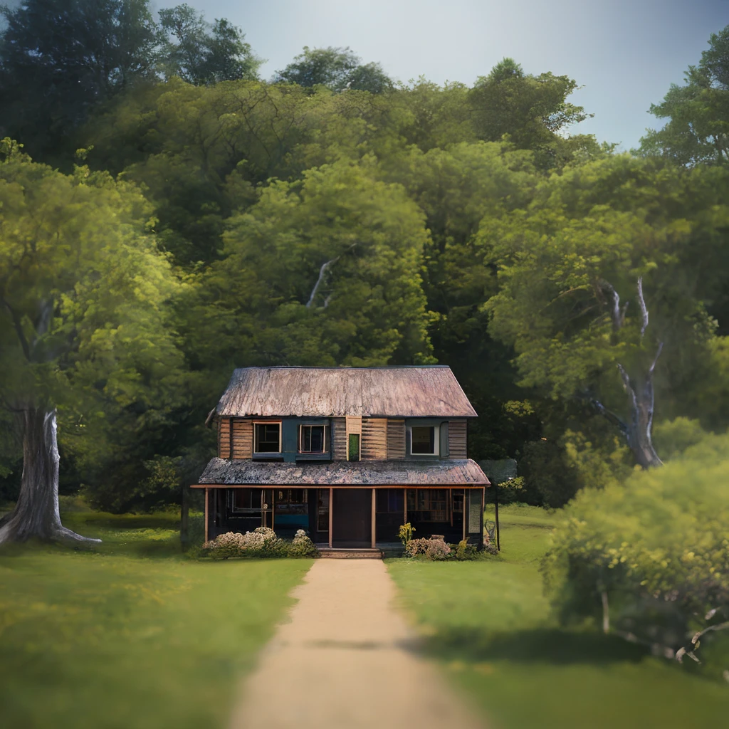 The image shows a wooden house in the middle of a forest. The house has a brown roof and a path leading to it. The house is surrounded by trees.  creepy environment  4k  quality hyper realistic