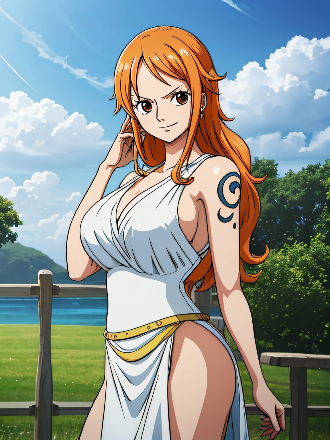 Nami from one piece,very light orange and yellowish haired girl,beautiful brown eyes, blushing cheeks,in a clouds in the sky smiling at the viewer,large breasts,blushing on the cheek with a free hair, The art style should resemble a captivating anime style. vivid colors, ,her hair should be light orange, barriga, belly,