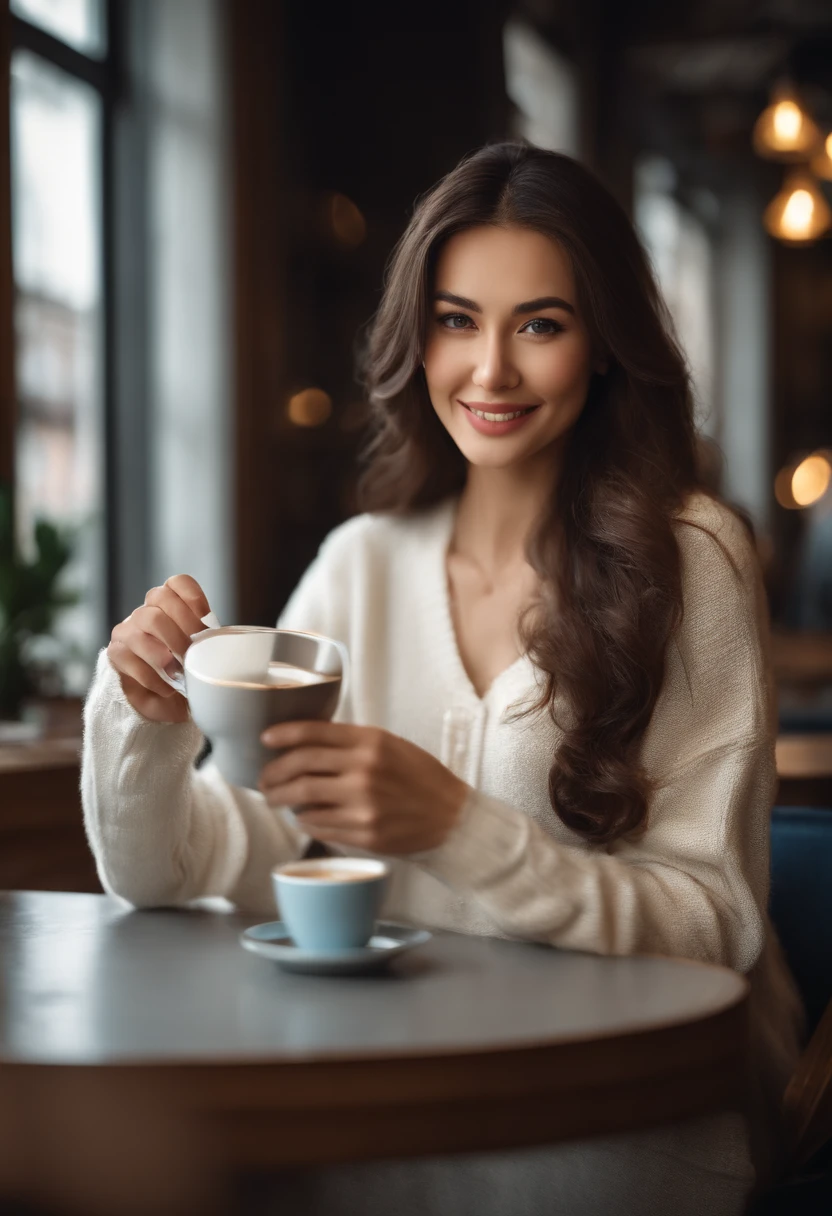 Beautiful brunette woman in white sweater posing for camera in full height (Sipping coffee in a modern café ), Very detailed, 21 old years, Innocent Face, Natural Straight Hair, morena, blue eyes, High Resolution, Masterpiece, Best Quality, intricate details, Highly detailed, sharp-focus, detailed skin, realistic skin texture, texture, 詳細な目, Professional, 4k, Adorable smile, shot on Canon, 85mm, Shallow depth of field, Kodak Vision Color, Perfectly Standing Body, Extremely detailed, a photo of a_\(ultra\), Photorealistic, Realistic, postprocessed, max detail, roughness, Real life, ultra realistis, photo realism, photografic, 8K UHD, photografic