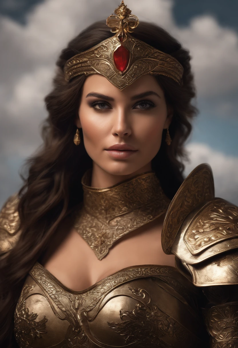 Deusa grega Atena, brown hair, olhos cinzentos, capacete grego, mulher muito embelezada "Create a captivating image of the Greek goddess Athena over a magnificent white stallion, exuding an aura of strength and wisdom. Ela usa uma armadura dourada resplandecente adornada com detalhes intrincados e gravuras simbolizando sabedoria, coragem, and justice. Seu capacete apresenta uma coruja dourada, simbolizando sua sabedoria.Athena's appearance now carries the essence of the iconic Wonder Woman: Your armor is updated with a modern twist, incorporando elementos como uma tiara com um emblema de estrela e vermelho, ouro, and blue accents reminiscent of the iconic superheroine.on his right hand, She holds tightly to a gleaming golden spear with a sharp tip, Pronto para a batalha. Your expression is determined, mas benevolente, representing his divine strength and wisdom, muito parecido com a Mulher-Maravilha.Behind her, Raios de luz dourada atravessam as nuvens, emphasizing his divine presence and the ethereal nature of this moment.The atmosphere of the image is solemn and inspiring, capturando a deusa Atena com um modo