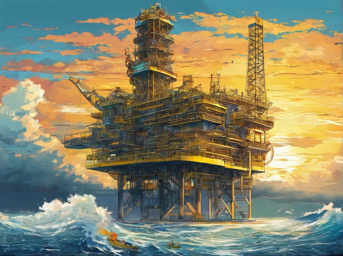 photorealestic,Haiji-1, An offshore oil and gas platform with a yellow body is located on the sea surface, Panoramic view, and the sun was shining brightly, (Masterpiece)