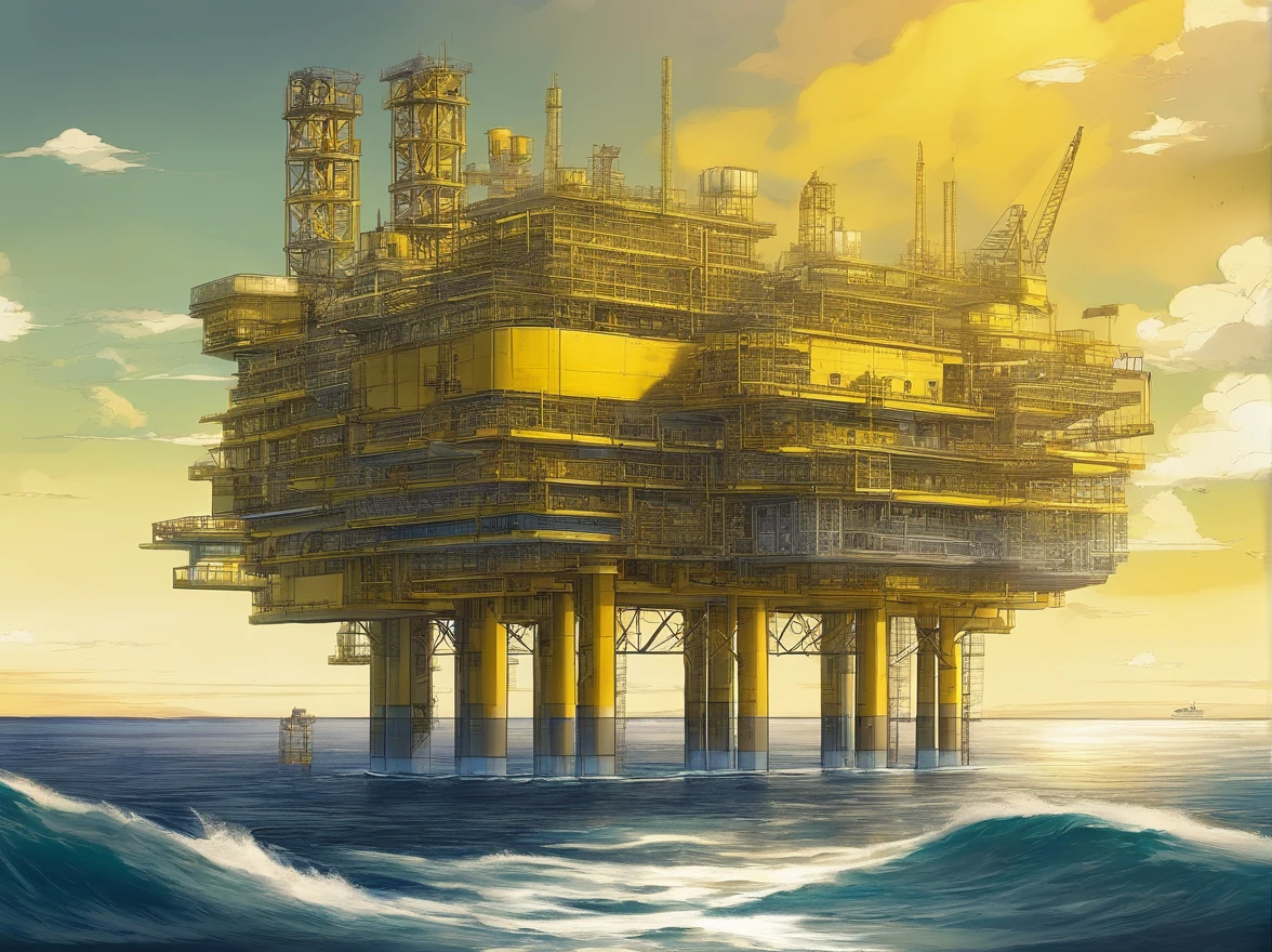 photorealestic，Haiji-1, An offshore oil and gas platform with a yellow body is located on the sea surface, Panoramic view, and the sun was shining brightly, (Masterpiece)