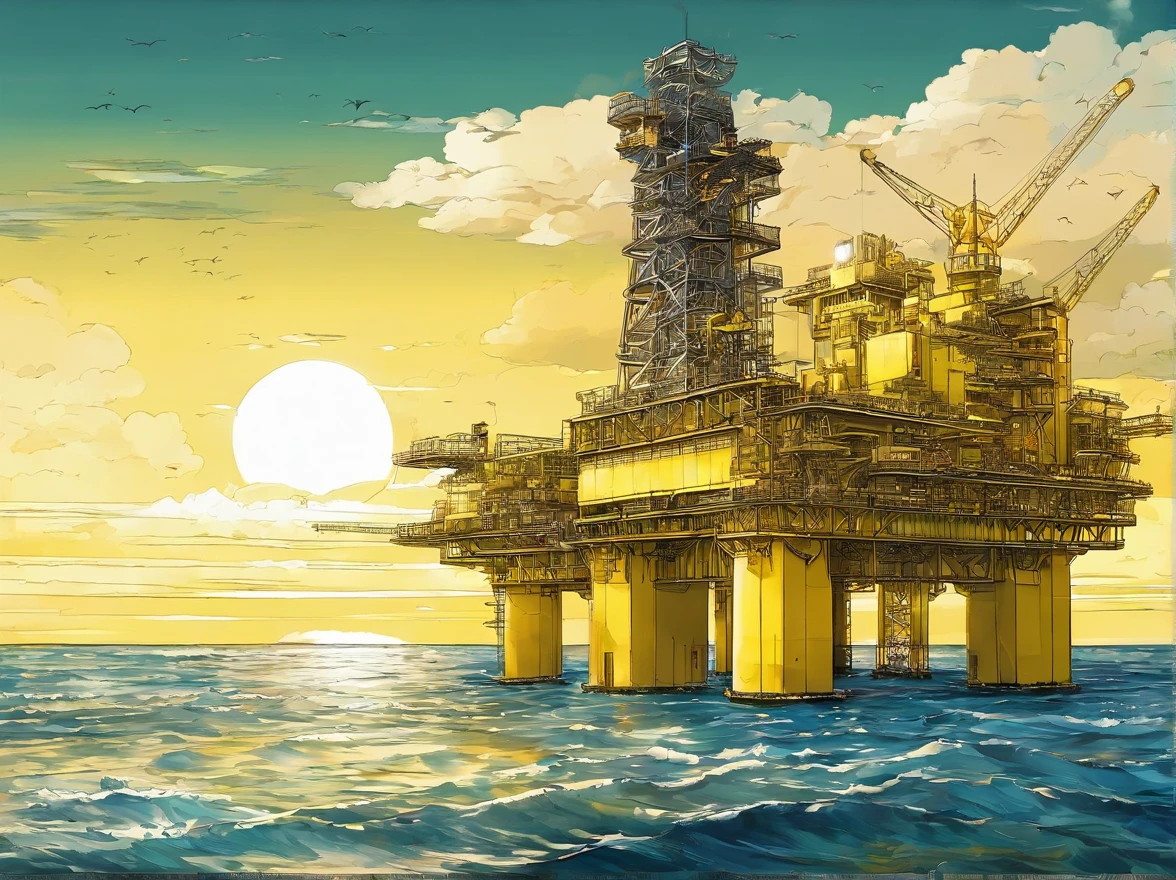 photorealestic,Haiji-1, An offshore oil and gas platform with a yellow body is located on the sea surface, Panoramic view, and the sun was shining brightly, (Masterpiece)