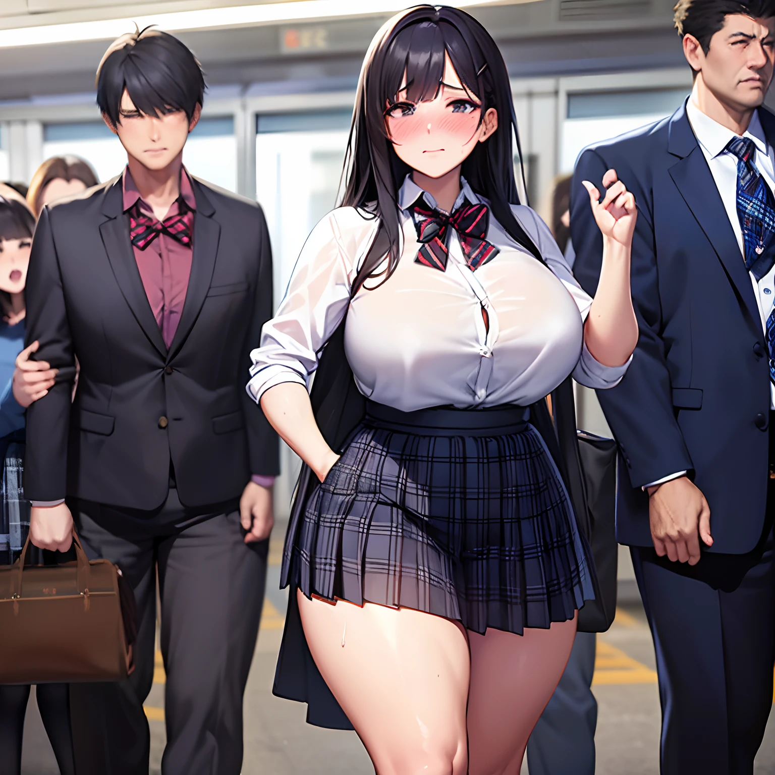realistic anime art style,(tareme),(curvy body),black unkempt hair,bow tie,dress shirt,(navy pleated skirt),(plaid skirt),unpretentious adult woman standing in crowded train station,sweaty,nipple-through,(anguish and blushed),look at viewer