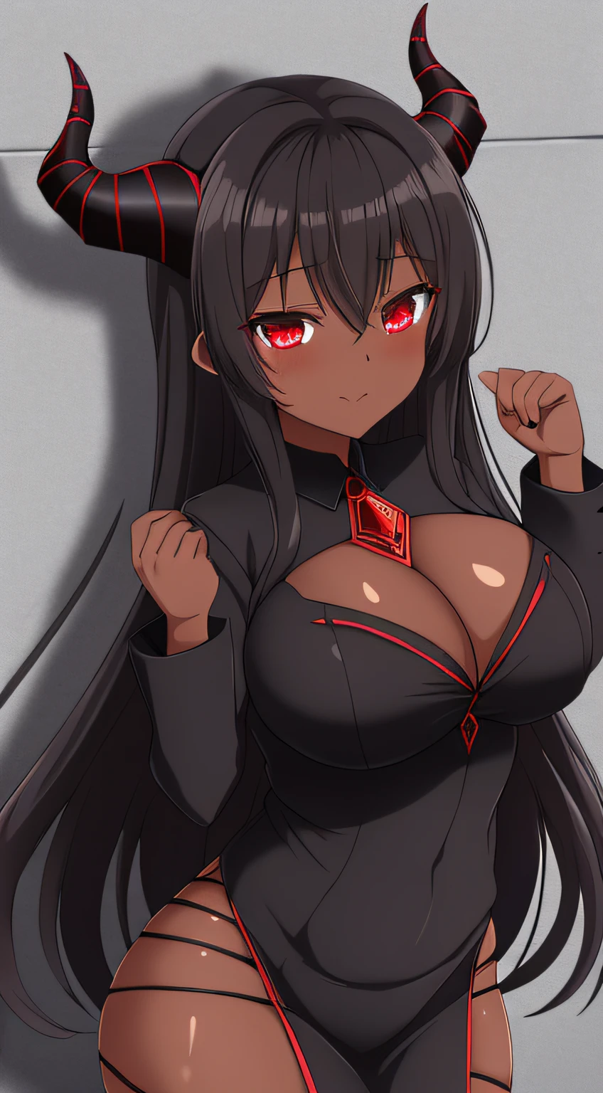 (dark skin), (demon horns), (big breast), (dark hair), chaos theme