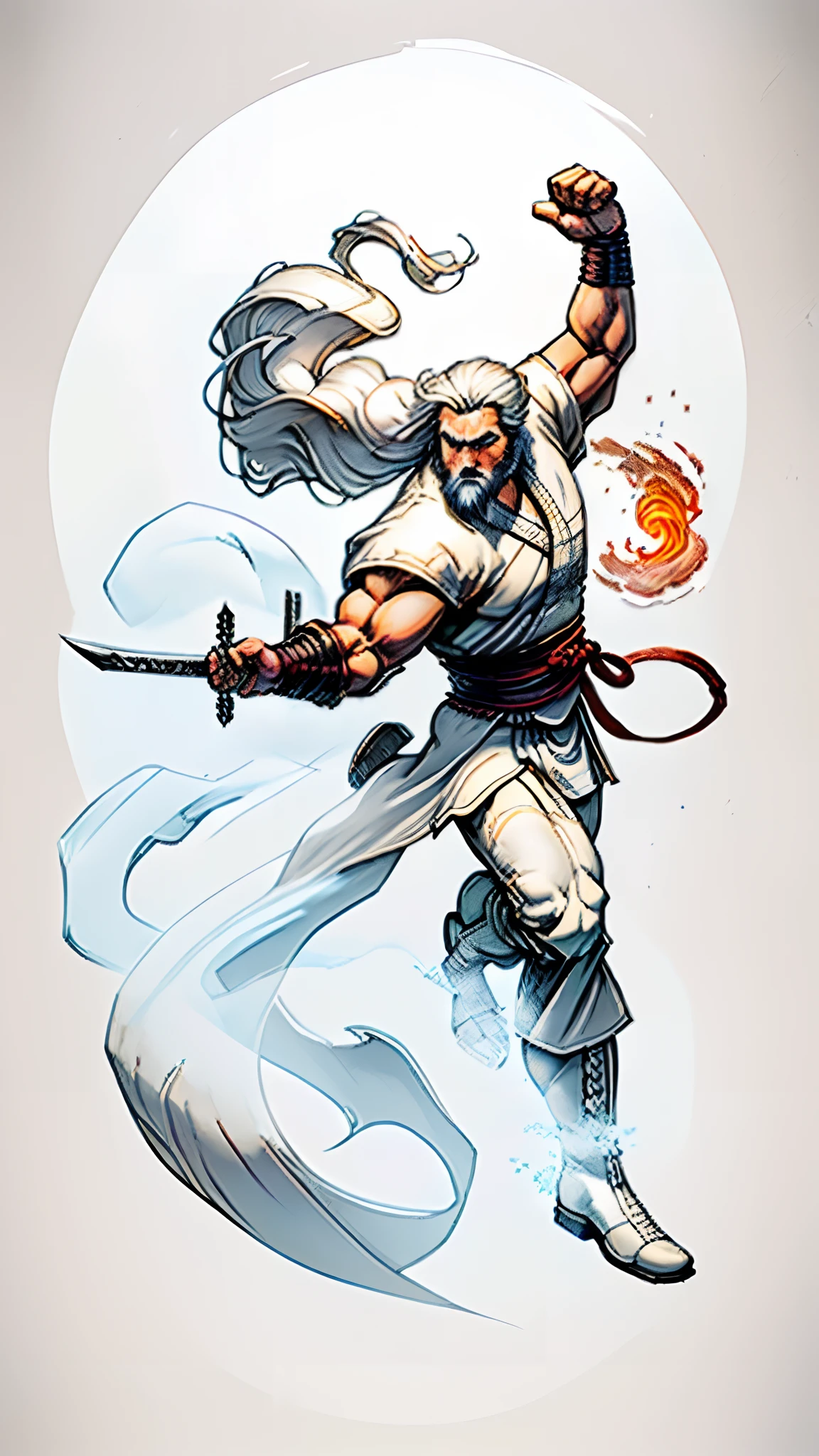 Digital illustration art，Heroes of ancient China，Has long white hair and a long beard，Handsome，thick white eyebrows, White robe and leather boots，(((Step on the iron sword)))，Big eyes，Super fit，kung fu pose，raiden，Greatwave，Fire，((Ghosted background))