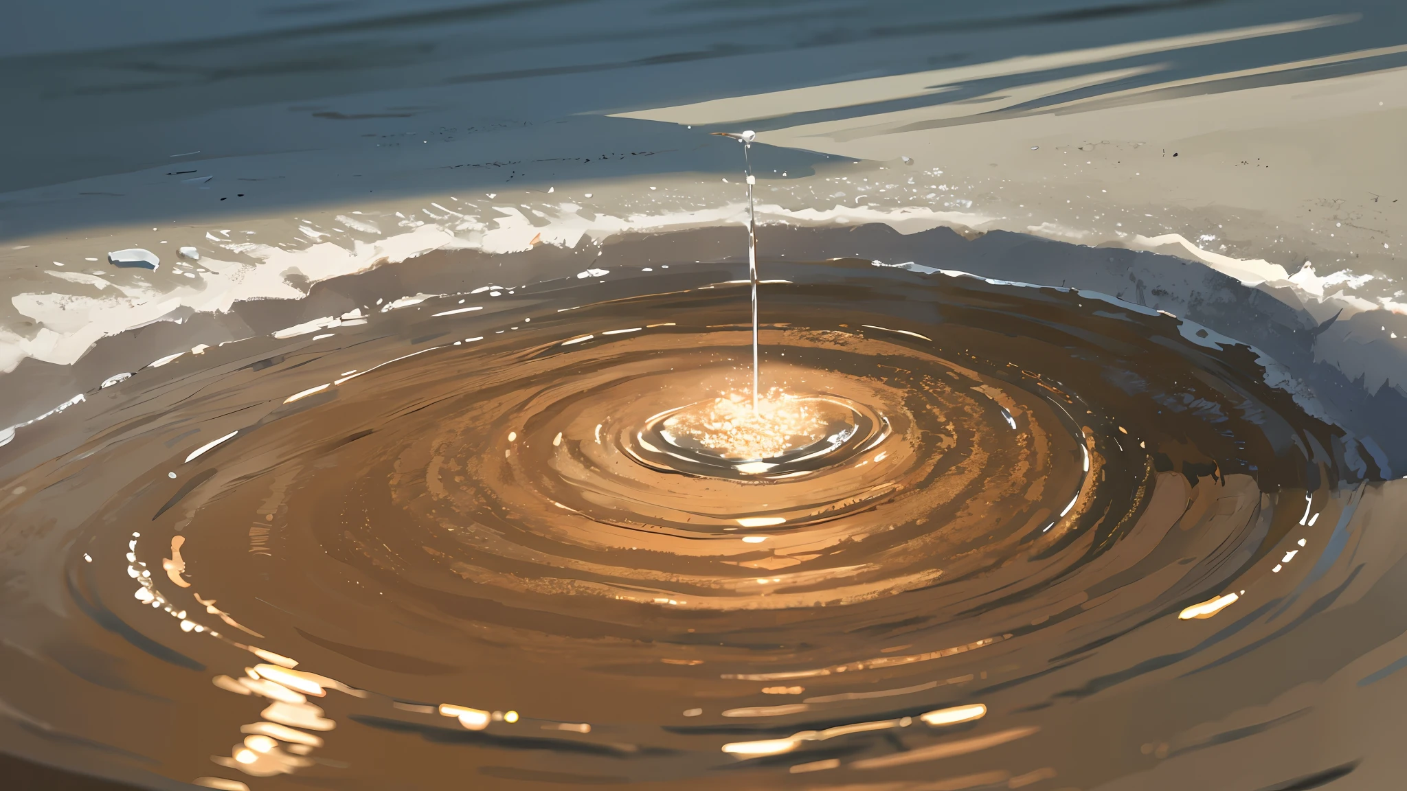 A drop of water on the brown earth, a glimmer of sunshine