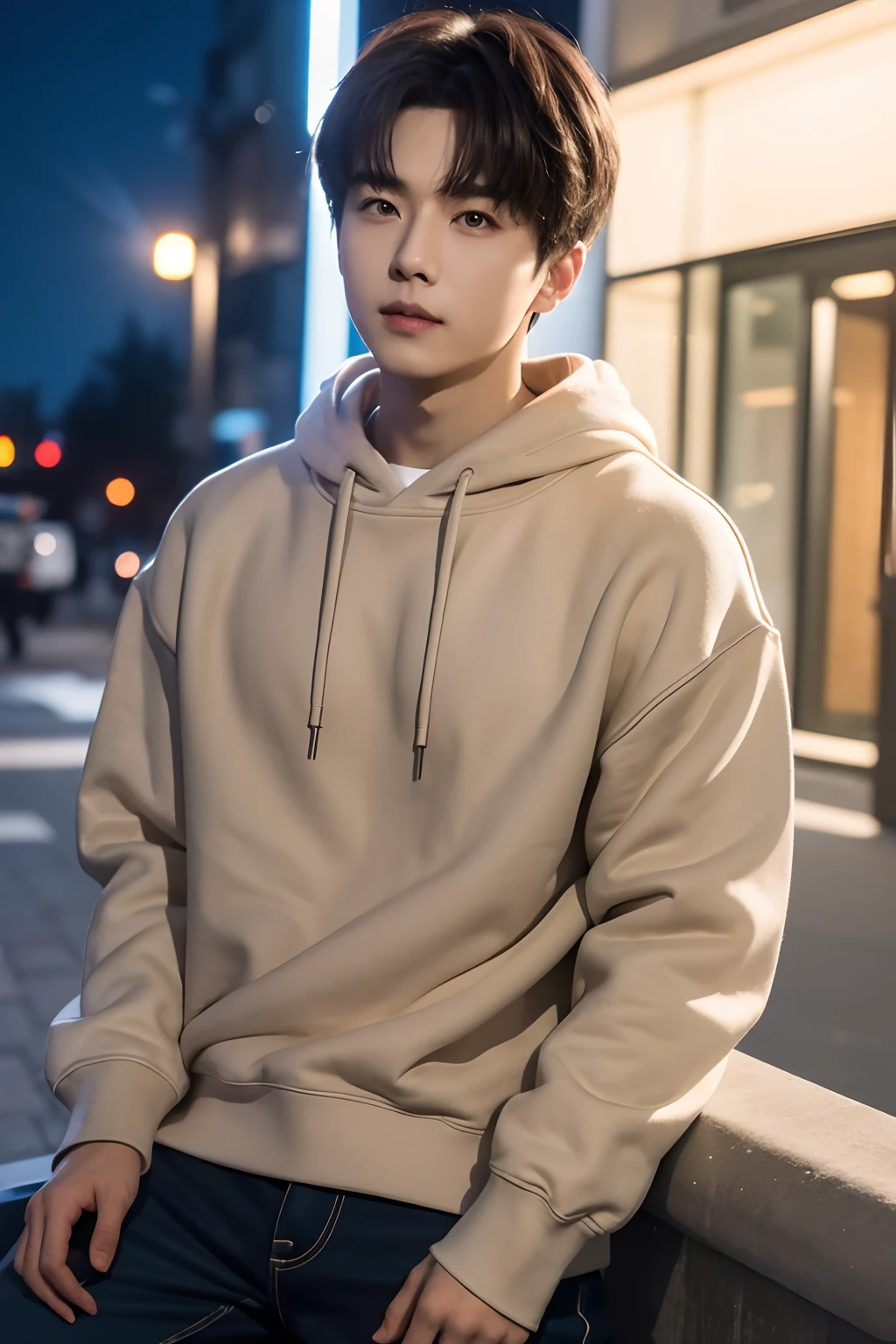 deep in the night，Warm sweatshirt，Attractive man，Live-action photo，Handsome and sunny，（SLR effect，真实感，8K，Hyper-detailing，Absolute realism）