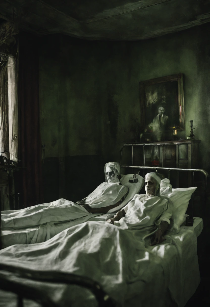 A Photograph of 2 hospital patients, 1 patient wearing red  band on wrist ,2 patient wearing green band on wrist ,2 patients laying on bed