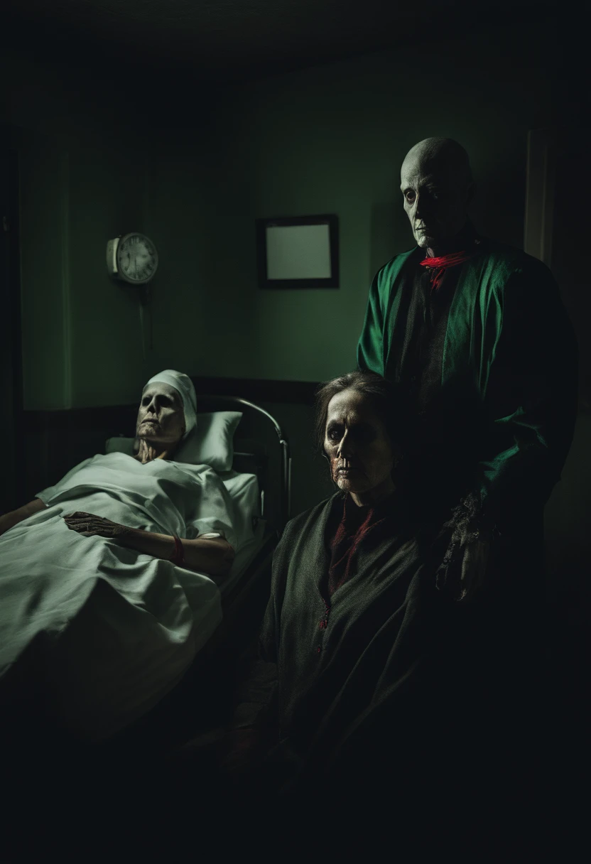 A Photograph of 2 hospital patients, 1 patient wearing red band on wrist ,2 patient wearing green band on wrist ,2 patients laying on bed