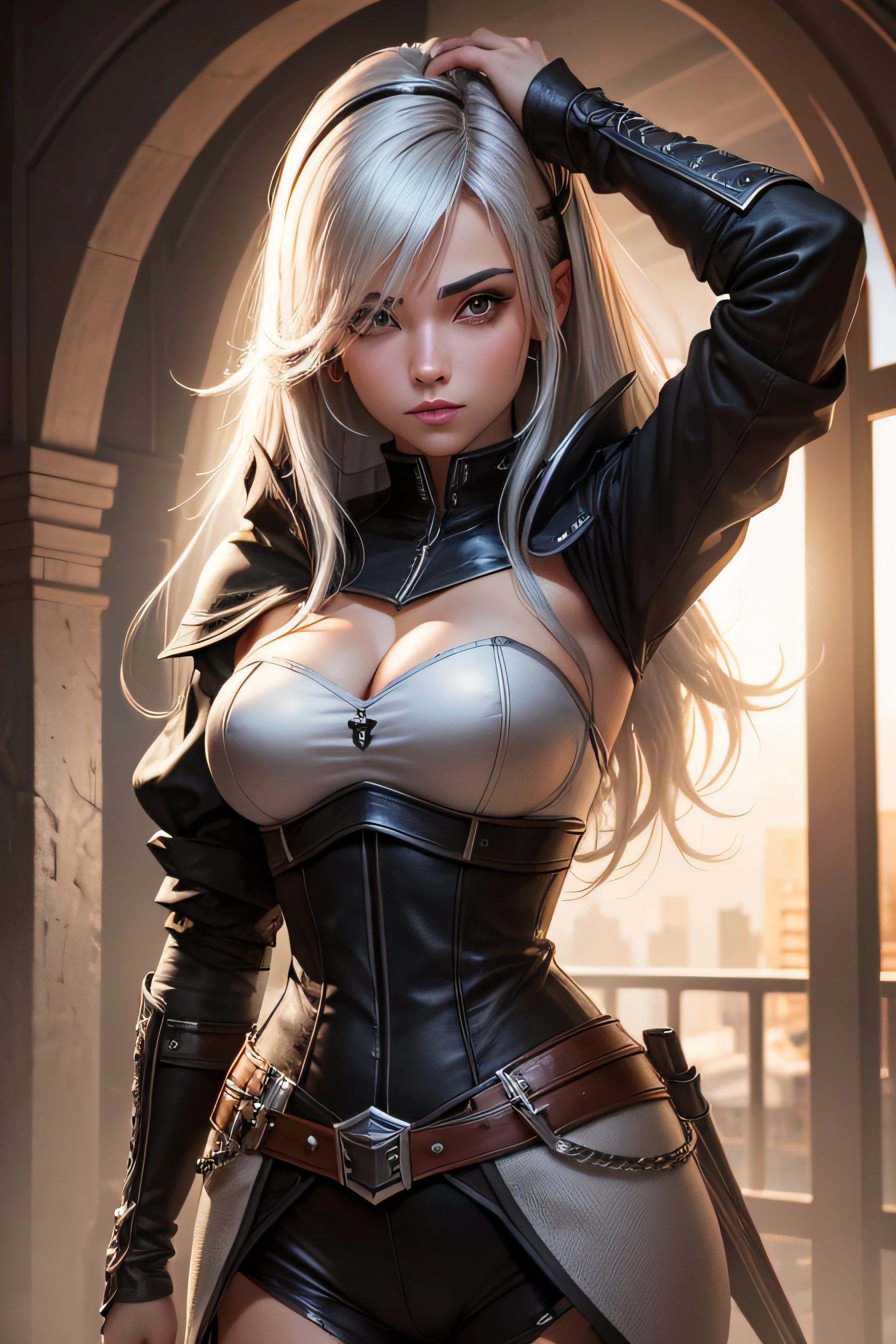 (best quality), (ultra detalhado), Mulher rogue,  decote, armadura de couro, cabelo longo loira