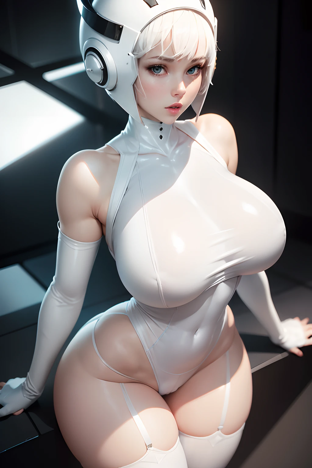 shiny skin, shiny body, shortstacks, huge breasts, huge headgear, white short hair, pale white skin, white bodysuit, black stockings, shiny skin, shiny body, shortstacks, huge breasts, huge headgear, white short hair, pale white skin, white bodysuit, black stockings