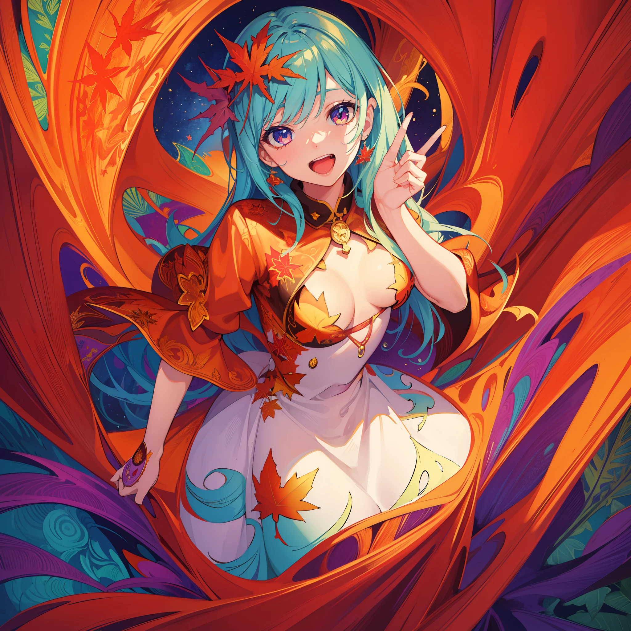 psychedelic art, lsd trippy, personification maple leaf, (masterpiece, best quality, ultra high detailed, award winning, 16K:1.2), open mouth, laugh, hand sign, scenery, look at viewer, standing, small breast