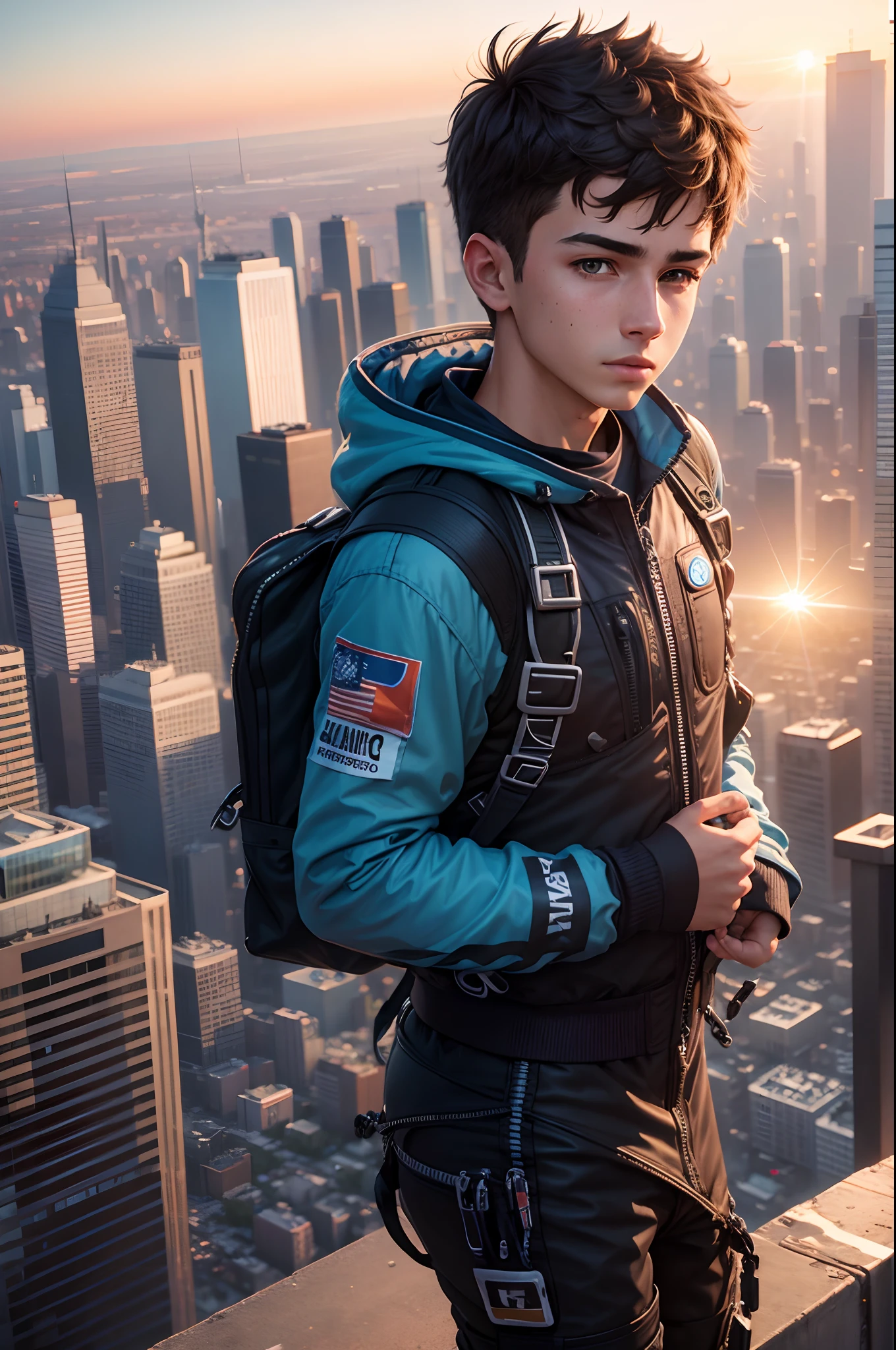 skydiver, ager, male, cityscape, sunset 8k, realistic