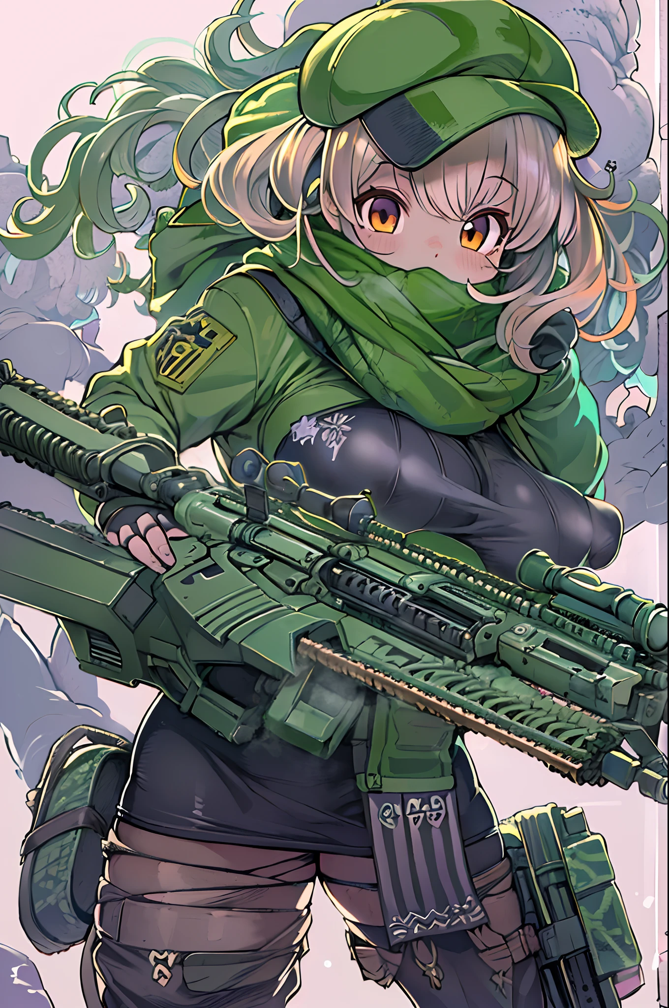 (((((Hold a huge assault rifle)))))、Long sideburns、Anime-style girl with beautiful whole body, clean detailed faces, ciber,analogous colors, Glowing shadows, beautiful gradients, depth of fields, CLEAN IMAGE, High quality,Black Parker Clothing、 high detailing, High Definition, blush, Fit, Heavenly Beauty, Very detailed,Smoking,((assault rifle))、sniper、Sniper rifle lance with a thin and long barrel