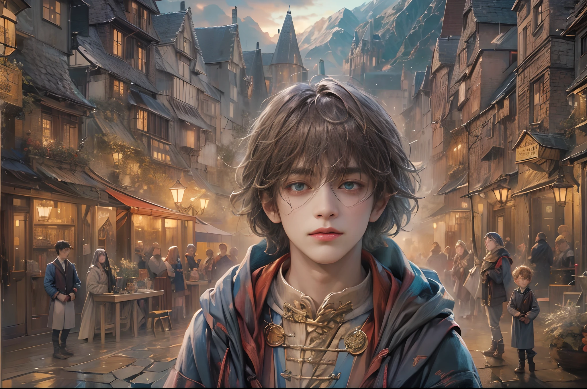 (absurdres, highres, ultra detailed, HDR), masterpiece, best quality, harry potter movie character, handsome hero, big anime eyes, young boy, detailed scenery, detailed character, art kenouji