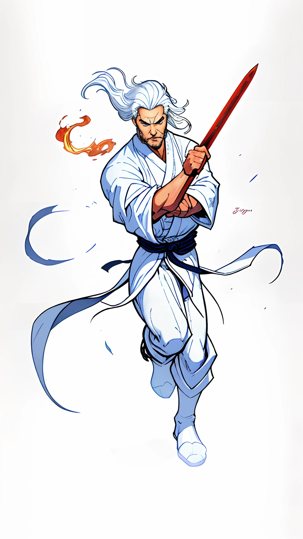 Digital illustration art，Heroes of ancient China，Has long white hair and a long beard，Handsome，thick white eyebrows, White robe and leather boots，Feet on the iron sword，Big eyes，Super fit，kung fu pose，raiden，Greatwave，Fire，starryskybackground