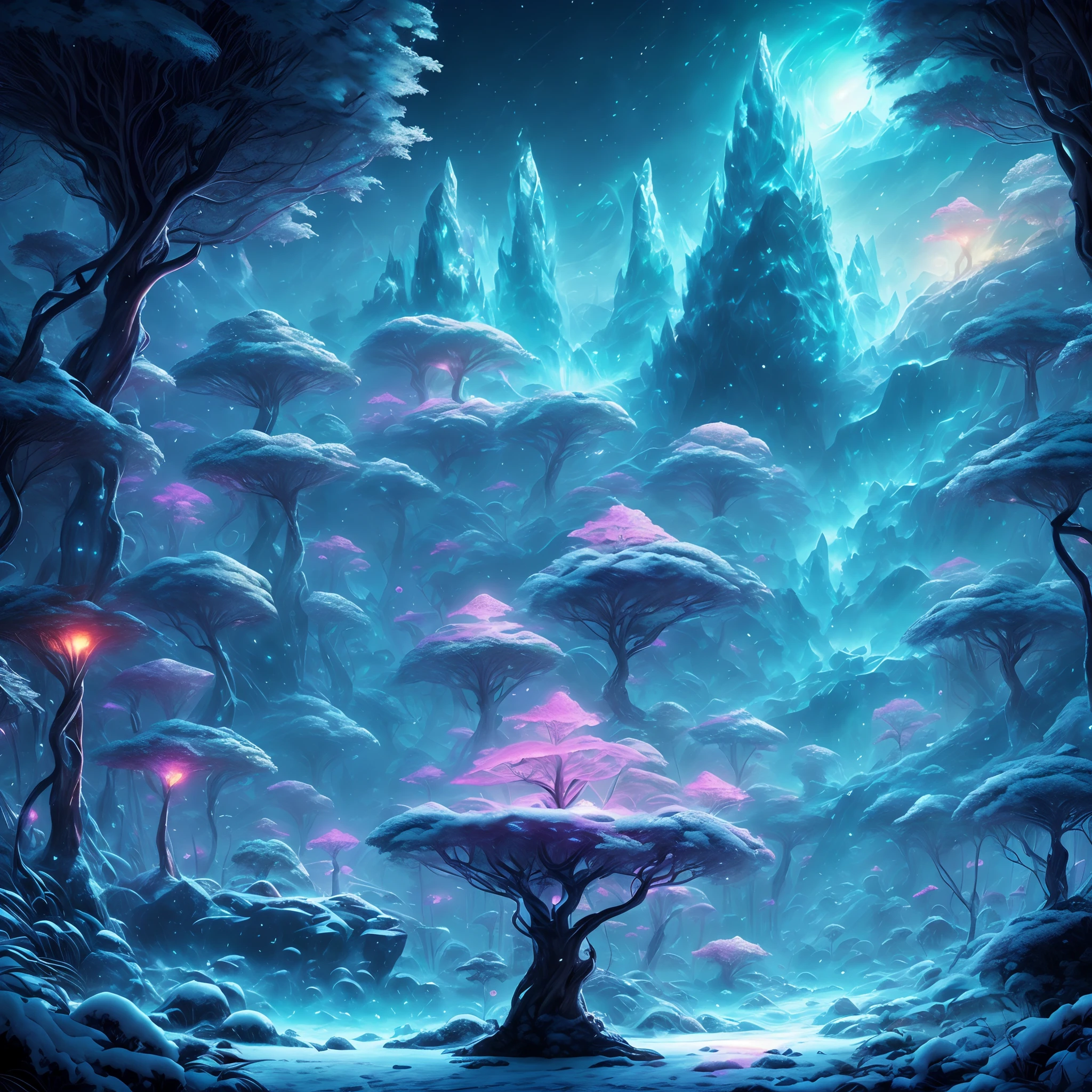 tmasterpiece，Best quality at best，high high quality，extremely detaile，8K，Fantastic snow and ice jungle，Colorful ice magic，glowing sprites，Natural elements in the forest theme，Colorful snow and ice jungle，Epic fantasy art style，Delicate leaves and branches are surrounded by fireflies（nature elements），（Jungle theme），（Foliage），（tree branch），（glowworm），（Particle effect）and other 3D， Octane rendering，Ray traching，Super meticulous，Depicting the harmony between man and nature, Epic fantasy art style, Epic fantasy art style HD, Epic fantasy digital art style, by Yang J, trending on artstation pixiv, Anime fantasy illustration, Beautiful ancient frost, Arte conceitual de inverno,