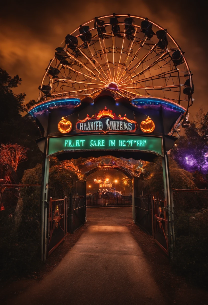 The entrance gate to a haunted amusement park with an otherworldly atmosphere and vibrant lights. Prominent sign above the gate. Ferris wheel and roller coasters behind the gate. Night with moon. Wide-angle lens, fisheye, realistic style. Halloween promotional poster.