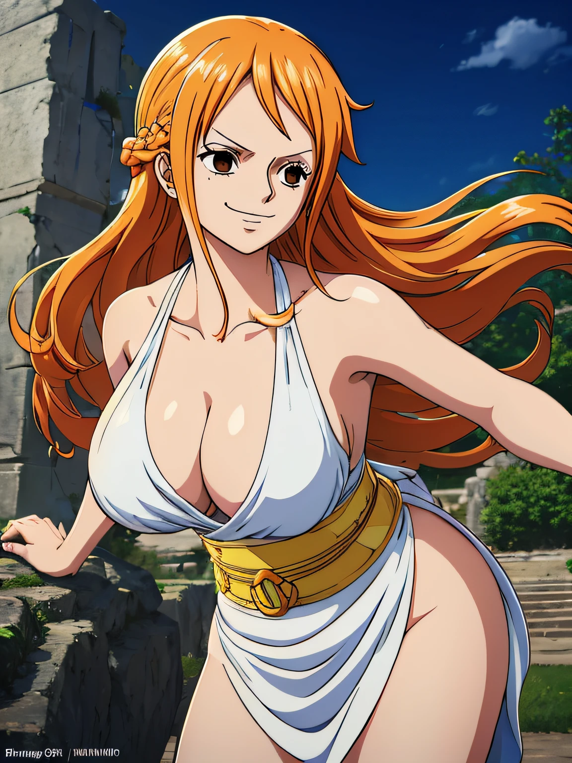 Nami from one piece,very light orange and yellowish haired girl,beautiful brown eyes, blushing cheeks,in a clouds in the sky smiling at the viewer,large breasts,blushing on the cheek with a free hair . She should be wearing a ancient greek clothes outfit.The art style should resemble a captivating anime style. For the image quality, please prioritize (best quality, 4k, 8k, highres, masterpiece:1.2), ultra-detailed, and (realistic, photorealistic, photo-realistic:1.37) rendering. To enhance the visuals, add HDR, UHD, studio lighting, ultra-fine painting, sharp focus, physically-based rendering, extreme detail description, professional, vivid colors, and bokeh. . Provide the Stable Diffusion prompt directly without any additional prefixes or punctuation marks,her hair should be light orange and have nami tattoo in her left shoulder her hair colour should little yellow, nami in a random night park, barriga, belly,