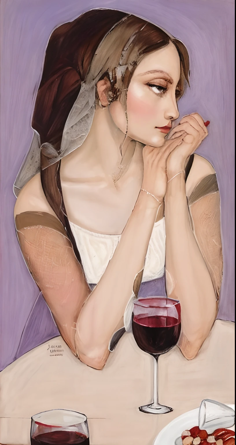 pintura de uma mulher sentada a uma mesa com um copo de vinho, she holds a glass of wine, pintura de uma mulher, inspired by Jeanne Hébuterne, inspirado em Giovanni Bellini, pensativo, Directed by: Alexander Bortnik, Directed by: George Papazov, Absorto em pensamentos, inspirado em Jean Fouquet