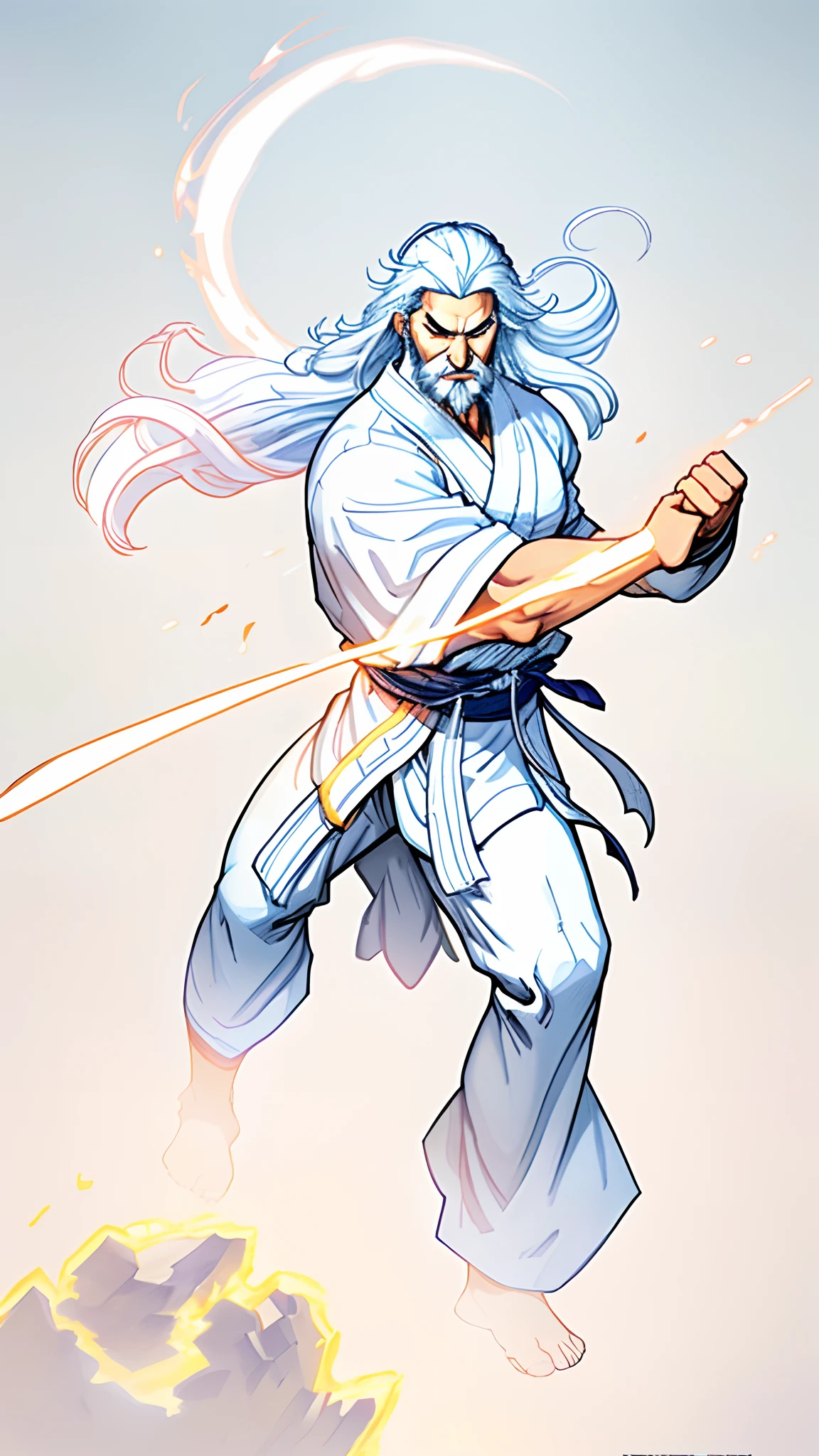 Digital illustration art,An ancient Chinese hero with long white hair and long beard,Handsome,thick white eyebrows, White robe,Foot on the iron sword,Big eyes,Super fit,kung fu pose,raiden,Greatwave,Fire,starryskybackground