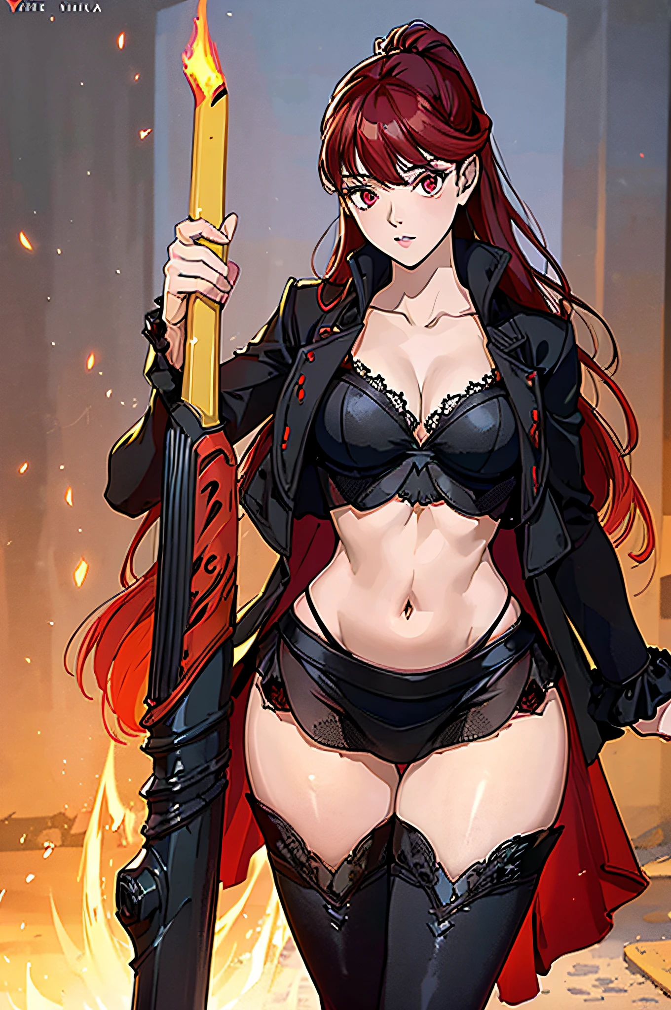 Best quality, masterpiece, ultra high res, (photorealistic:1.4), raw photo, 1girl, ((black lace nightgown)), ((small breast)), cold light, wearing black and red leggins, big ass, big legs, thick thighs, small waist, big hips, female, red hair, long hair, loose hair, yellow eyes, wearing black coat, use a katana, magical warrior, confident, (masterpiece:1.2, best quality), beautiful, a 23yo woman, fiery hair, fire goddess, (glowing red eyes), extremely detailed face, beautiful detailed eyes, defined jawline, (perfect anatomy), wearing red armor, midriff, textured skin, hot lighting, flames, embers, measures 70-40-95, beautiful figure, confidant, wearing black leggins, big legs, highly voluptuous thighs, wears a black coat, fire powers, fire hero, big ass, solo girl, thick legs,