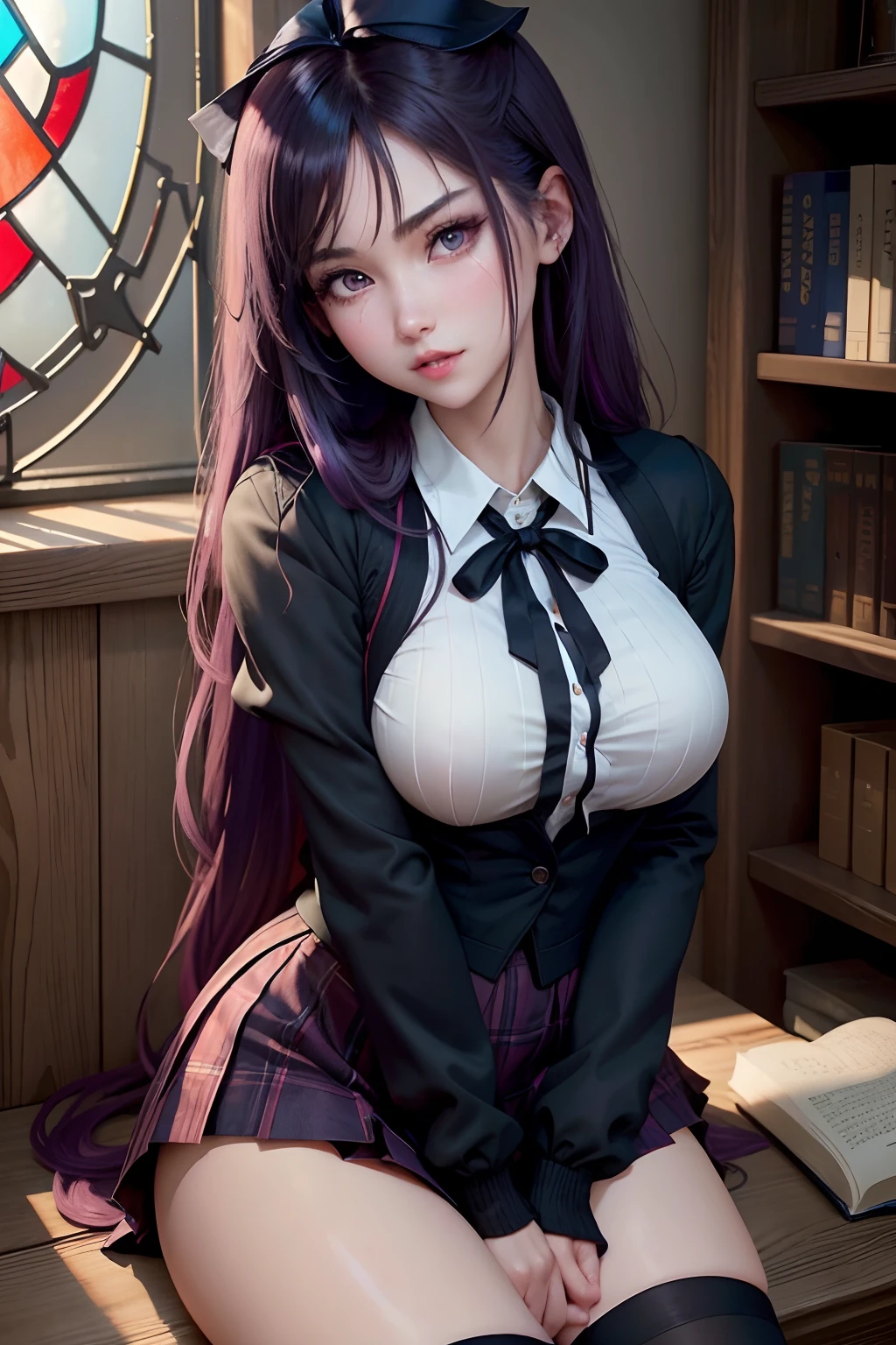 Schoolgirl Blazer、High school girl uniform、Red checked skirt、JK style、jaket、to stand、A sexy、Glamour、A slight smil、garterbelts、knee high socks、panthyhose、Beautifying the world、Unhappy、Transcendent beauty、Beautiful shape、wretched、ghosts、wraiths、Evil Spirit、Beautiful、boredom、Unusual beauty、Bewitching、Fornication、Hard Dark Gothic Makeup、twin-tail hair、Black Dark Eyeshadow、slaves、crying how bright、mourn、Sad songs、Good skin luster、Long hair straight hair、Dark Gothic Makeup、Dark smile、Expressions of sexual arousal、Fragrant beauty、age19、seductiv、look down from above、 slightly plump thighs、Strong sexual pleasure facial expressions、A look of shame、open your legs a little、Dark purple hair、masturbation、Obscene look、Stained glass background、masutepiece、Best Quality、Ultra-detailed、Refers to 5 books、Sweat glitters on my shoulders、Sweat glitters on my chest、Glitter of sweat on your face、Glitter of sweat on your thighs、Deep hands in the crotch and panting expression、Expression of sexual pleasure in anguish、Sweating profusely、Drunken face、Nasty Woman、stain glass、