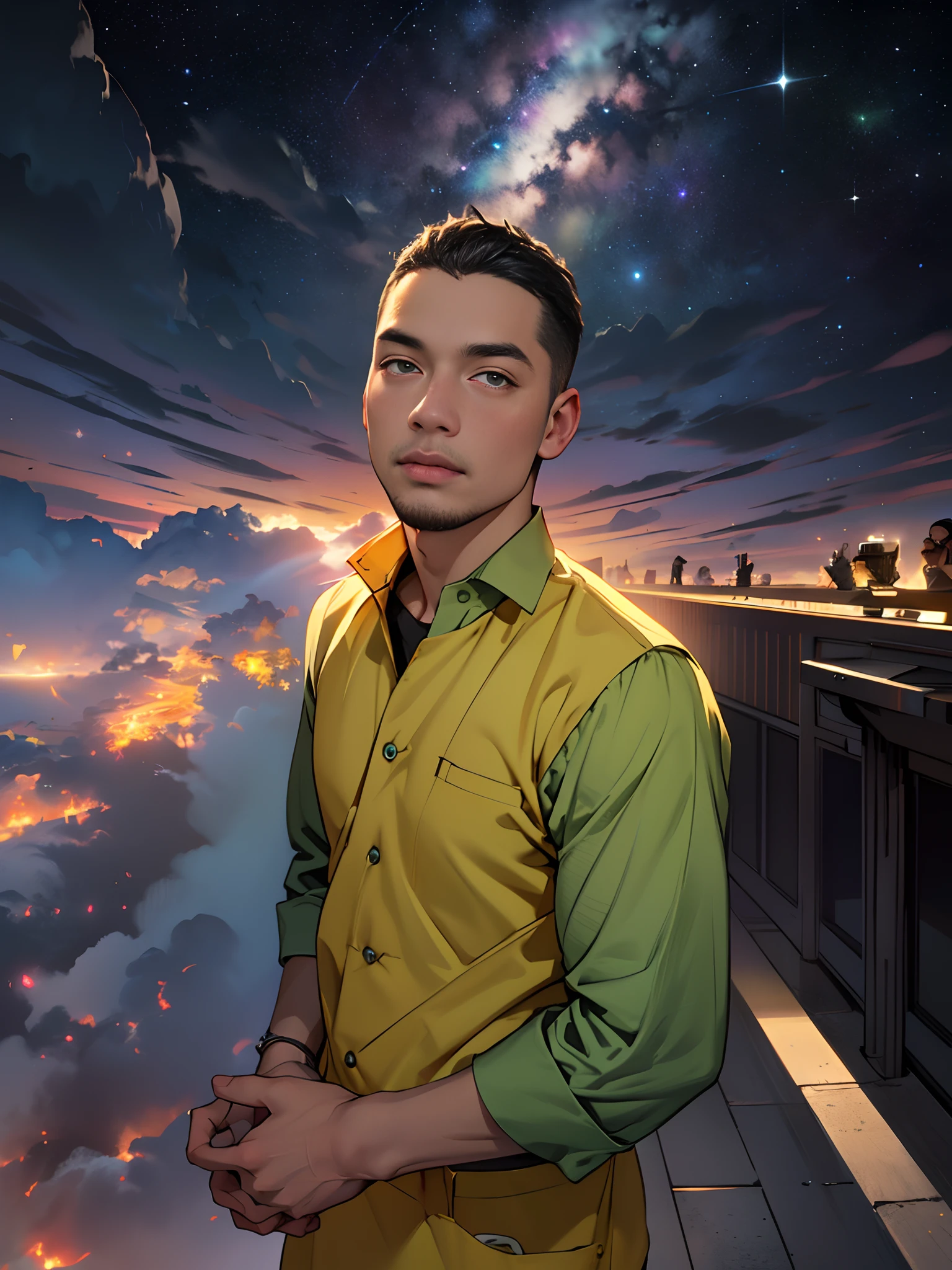 A tall and handsome young chef,Stand on the edge of the dream space, eyes glowing, green apron, Surreal scenes filled with symbols and patterns of various skills, ,in the style of the stars art group xing xing, 32K, Best quality, Masterpiece, Super detail, High details,