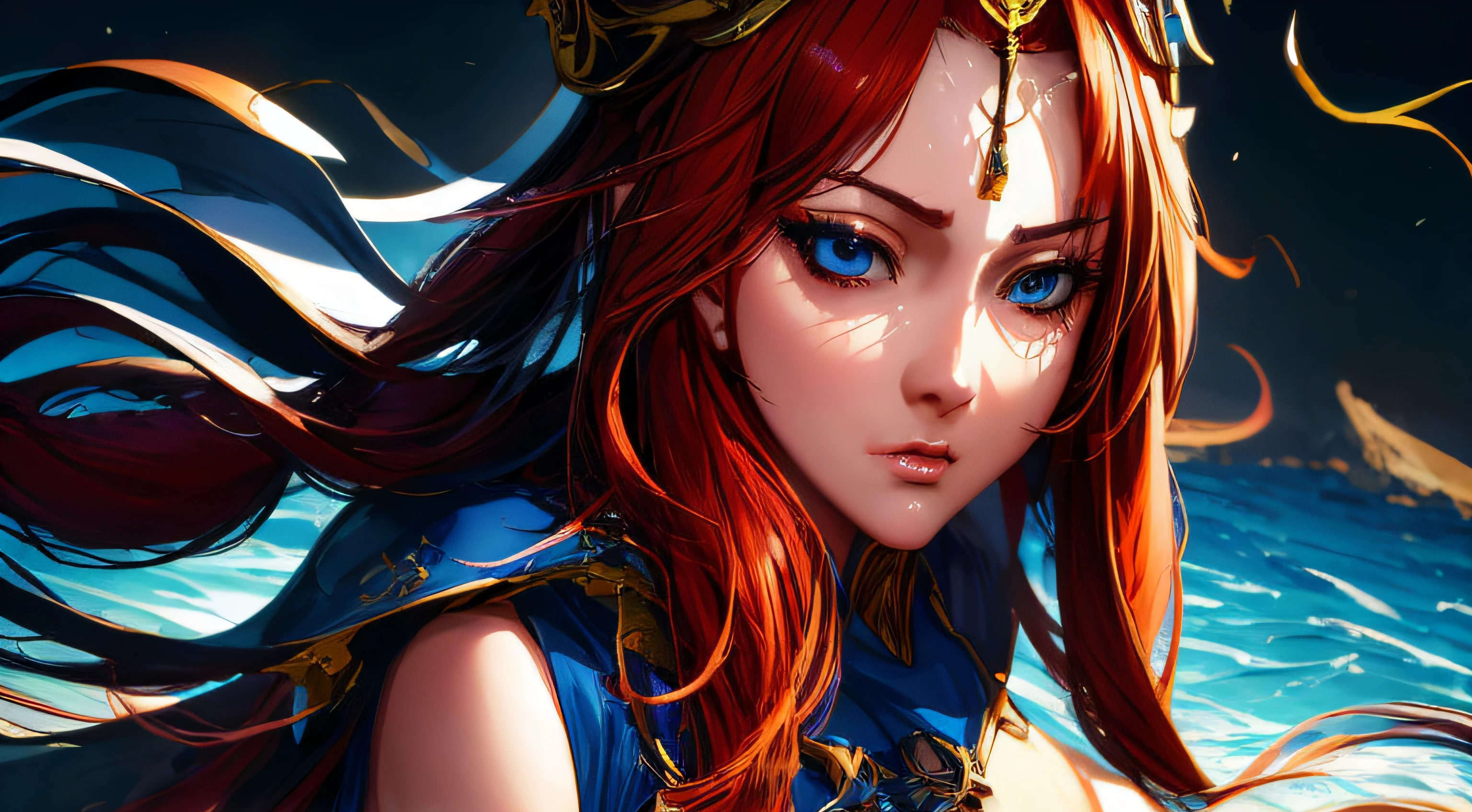 anime girl with red hair and blue eyes in front of a dark background, alice x. zhang, portrait knights of zodiac girl, artgerm detailed, artgerm on artstation pixiv, extremely detailed artgerm, artgerm. anime illustration, artgerm. high detail, detailed digital anime art, artgerm and ruan jia