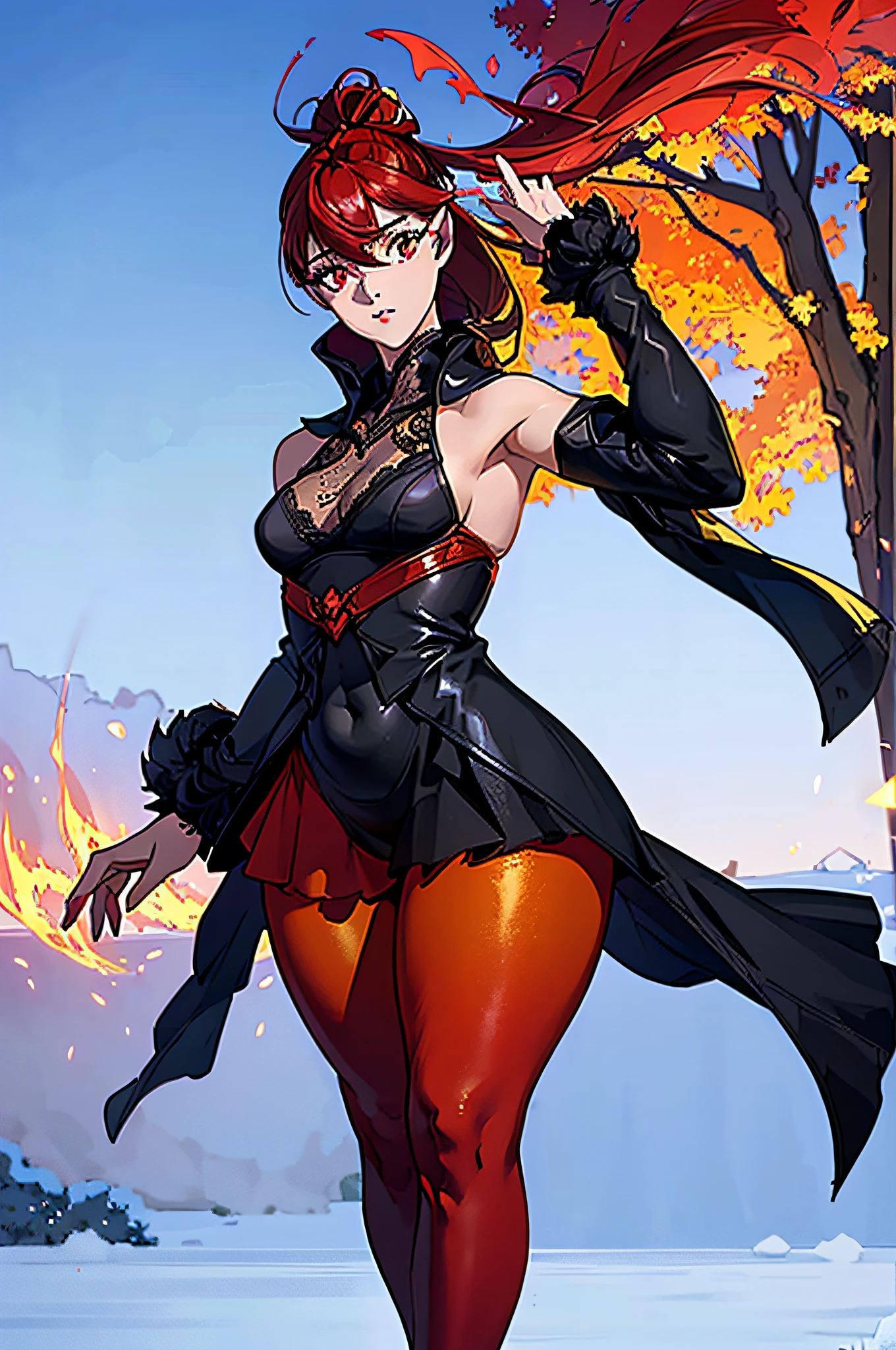 Best quality, masterpiece, ultra high res, (photorealistic:1.4), raw photo, 1girl, ((black lace nightgown)), ((small breast)), cold light, wearing black and red leggins, big ass, big legs, thick thighs, small waist, big hips, female, red hair, long hair, loose hair, yellow eyes, wearing black coat, use a katana, magical warrior, confident, (masterpiece:1.2, best quality), beautiful, a 23yo woman, fiery hair, fire goddess, (glowing red eyes), extremely detailed face, beautiful detailed eyes, defined jawline, (perfect anatomy), wearing red armor, midriff, textured skin, hot lighting, flames, embers, measures 70-40-95, beautiful figure, confidant, wearing black leggins, big legs, highly voluptuous thighs, wears a black coat, fire powers, fire hero, big ass, solo girl, thick legs,