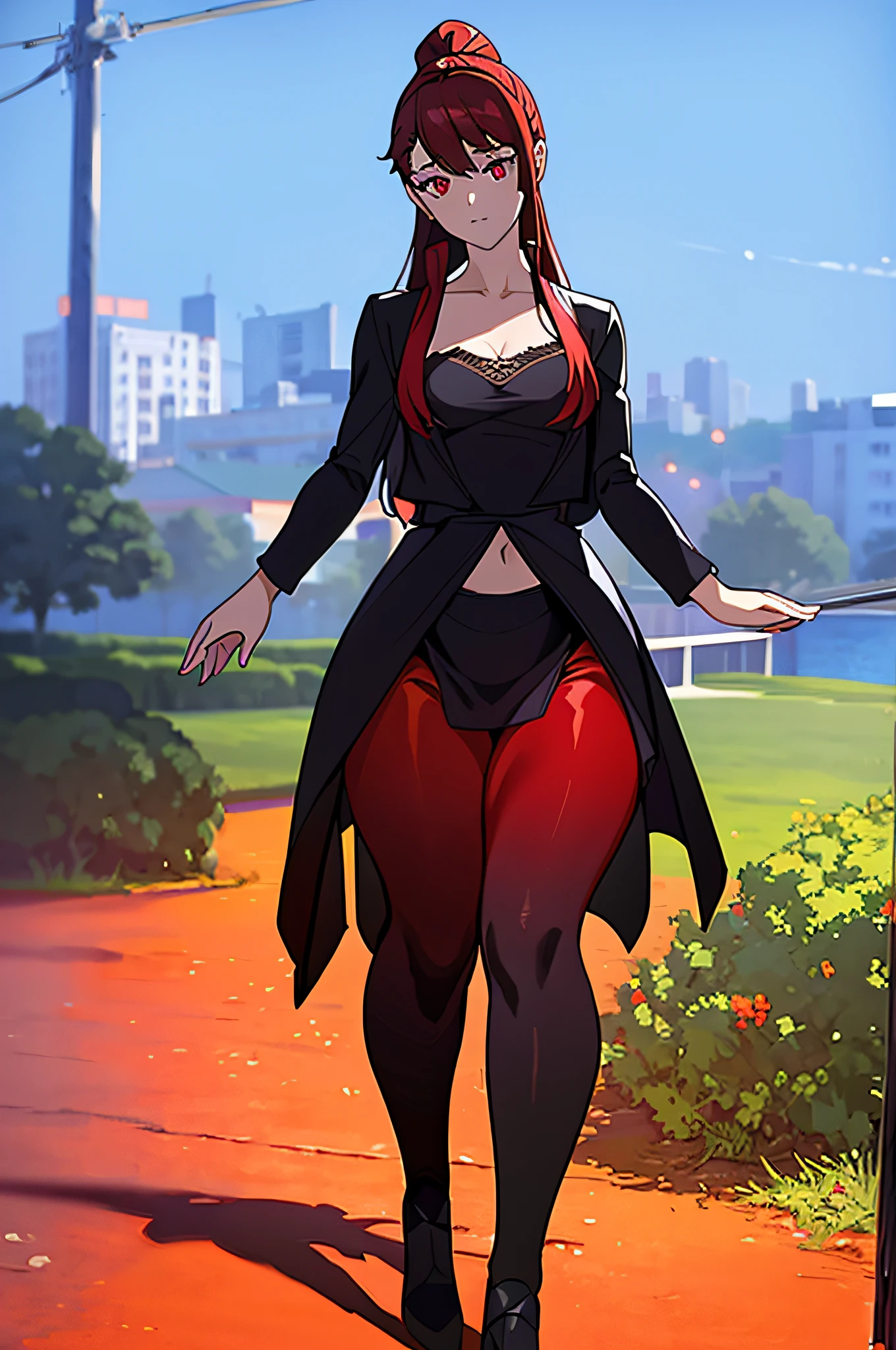 Best quality, masterpiece, ultra high res, (photorealistic:1.4), raw photo, 1girl, ((black lace nightgown)), ((small breast)), cold light, wearing black and red leggins, big ass, big legs, thick thighs, small waist, big hips, female, red hair, long hair, loose hair, yellow eyes, wearing black coat, use a katana, magical warrior, confident, (masterpiece:1.2, best quality), beautiful, a 23yo woman, fiery hair, fire goddess, (glowing red eyes), extremely detailed face, beautiful detailed eyes, defined jawline, (perfect anatomy), wearing red armor, midriff, textured skin, hot lighting, flames, embers, measures 70-40-95, beautiful figure, confidant, wearing black leggins, big legs, highly voluptuous thighs, wears a black coat, fire powers, fire hero, big ass, solo girl, thick legs,