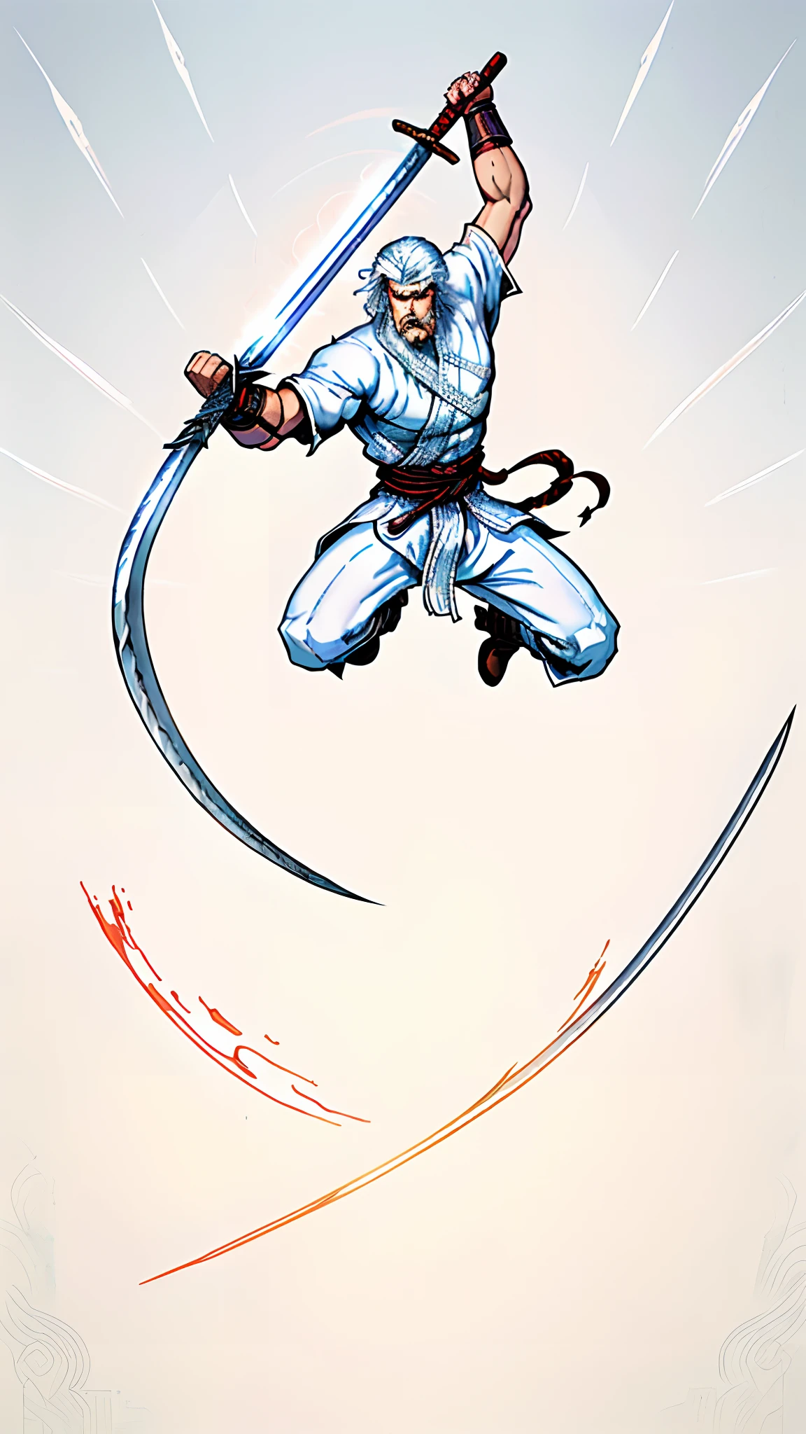 Digital illustration art，Heroes of ancient China，Has long white hair and a long beard，Handsome，thick white eyebrows, White robe and leather boots，(((Stepping on an iron sword)))，Big eyes，Super fit，kung fu pose，raiden，Greatwave，Fire，((starryskybackground))