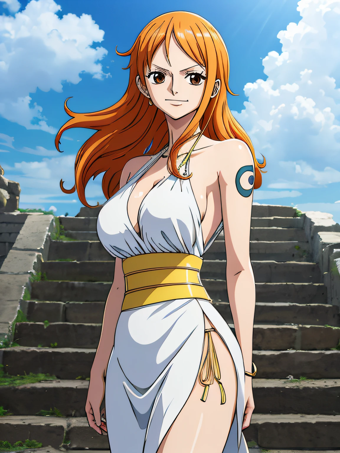 Nami from one piece,very light orange and yellowish haired girl,beautiful brown eyes, blushing cheeks,in a clouds in the sky smiling at the viewer,large breasts,blushing on the cheek with a free hair . She should be wearing a ancient greek clothes outfit.The art style should resemble a captivating anime style. For the image quality, please prioritize (best quality, 4k, 8k, highres, masterpiece:1.2), ultra-detailed, and (realistic, photorealistic, photo-realistic:1.37) rendering. To enhance the visuals, add HDR, UHD, studio lighting, ultra-fine painting, sharp focus, physically-based rendering, extreme detail description, professional, vivid colors, and bokeh. . Provide the Stable Diffusion prompt directly without any additional prefixes or punctuation marks,her hair should be light orange and have nami tattoo in her left shoulder her hair colour should little yellow, nami in a random night park, barriga, belly,