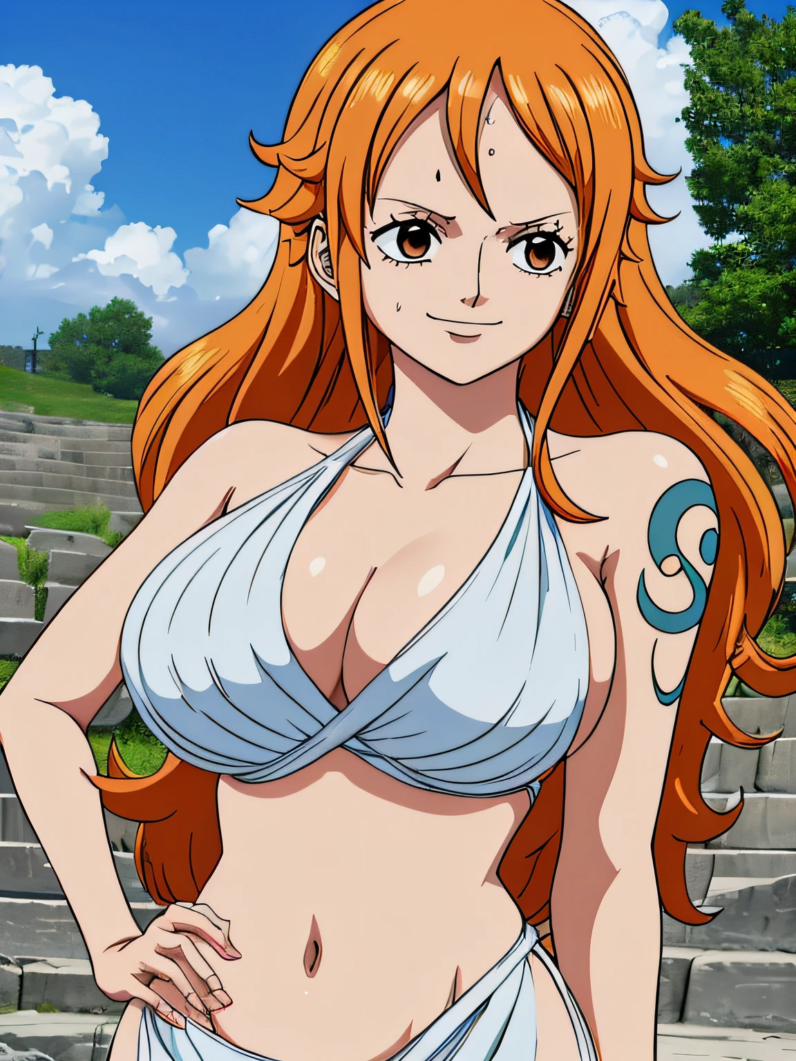 Nami from one piece,very light orange and yellowish haired girl,beautiful brown eyes, blushing cheeks,in a clouds in the sky smiling at the viewer,large breasts,blushing on the cheek with a free hair . She should be wearing a ancient greek clothes outfit.The art style should resemble a captivating anime style. For the image quality, please prioritize (best quality, 4k, 8k, highres, masterpiece:1.2), ultra-detailed, and (realistic, photorealistic, photo-realistic:1.37) rendering. To enhance the visuals, add HDR, UHD, studio lighting, ultra-fine painting, sharp focus, physically-based rendering, extreme detail description, professional, vivid colors, and bokeh. . Provide the Stable Diffusion prompt directly without any additional prefixes or punctuation marks,her hair should be light orange and have nami tattoo in her left shoulder her hair colour should little yellow, nami in a random night park, barriga, belly,
