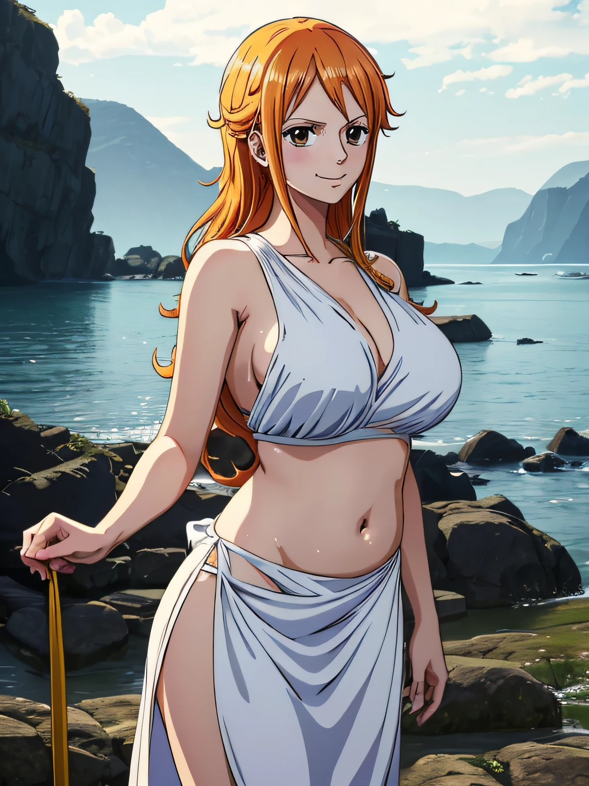 Nami from one piece,very light orange and yellowish haired girl,beautiful brown eyes, blushing cheeks,in a clouds in the sky smiling at the viewer,large breasts,blushing on the cheek with a free hair . She should be wearing a ancient greek clothes outfit.The art style should resemble a captivating anime style. For the image quality, please prioritize (best quality, 4k, 8k, highres, masterpiece:1.2), ultra-detailed, and (realistic, photorealistic, photo-realistic:1.37) rendering. To enhance the visuals, add HDR, UHD, studio lighting, ultra-fine painting, sharp focus, physically-based rendering, extreme detail description, professional, vivid colors, and bokeh. . Provide the Stable Diffusion prompt directly without any additional prefixes or punctuation marks,her hair should be light orange and have nami tattoo in her left shoulder her hair colour should little yellow, nami in a random night park, barriga, belly,