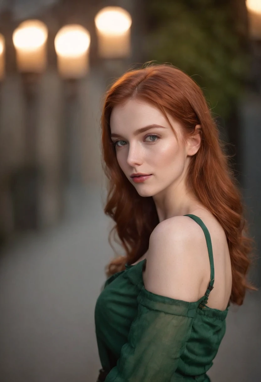 fair complexion, woman around 19 years old, natural red hair, distinctive green eyes,  slender and graceful, beautiful, candlelight setting, ultra sharp focus, realistic shot, female Mini skirt clothes, tetradic colors (scar:1.4)