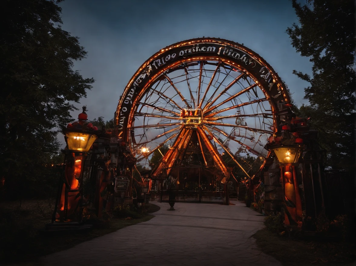 A mesmerizing scene of a haunted amusement park entrance gate with an otherworldly atmosphere and vibrant lights. Prominent sign above the gate. Ferris wheel and roller coasters in the distant background. Night with moon. Wide-angle lens, fisheye, realistic style. Halloween promotional poster.