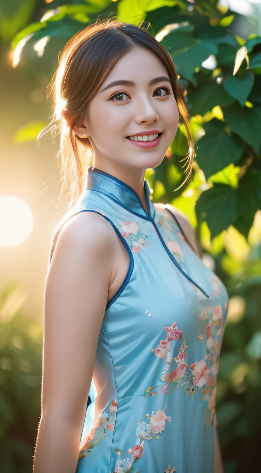 ((((Full body photo))), ((Light blue eyeliner))),((Lens flare)),(Wearing china clothes)),((Super Soft Focus)))), Smiling, (profile))))), (Upward)), Twilight, taking a shower, colorful hydrangea in the background, Surrounded by hydrangeas, ((pastel sunset)), (yinchuan:1.5), Masterpiece, Best quality, RAW photo, Photorealistic, face, Beautiful girl, Cute, Short hair, (((Depth of field)))), high resolution, Ultra detail, finedetail, Very detailed, Cinematic lighting