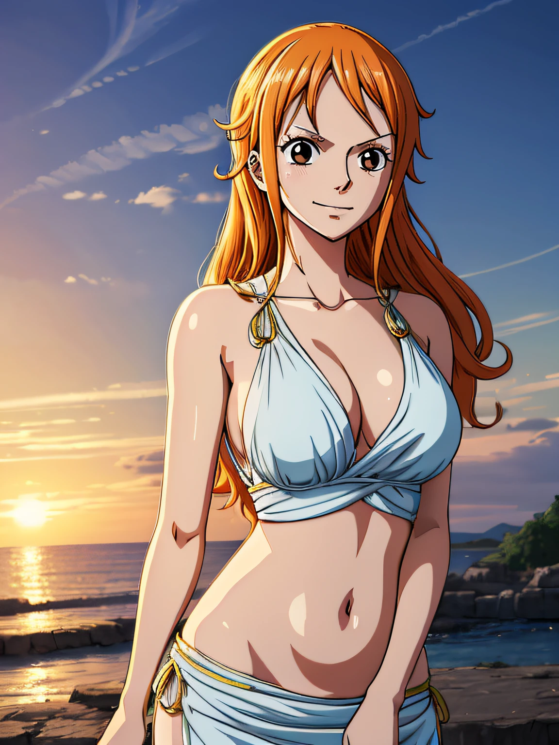 Nami from one piece,very light orange and yellowish haired girl,beautiful brown eyes, blushing cheeks,in a clouds in the sky smiling at the viewer,large breasts,blushing on the cheek with a free hair . She should be wearing a ancient greek clothes outfit.The art style should resemble a captivating anime style. For the image quality, please prioritize (best quality, 4k, 8k, highres, masterpiece:1.2), ultra-detailed, and (realistic, photorealistic, photo-realistic:1.37) rendering. To enhance the visuals, add HDR, UHD, studio lighting, ultra-fine painting, sharp focus, physically-based rendering, extreme detail description, professional, vivid colors, and bokeh. . Provide the Stable Diffusion prompt directly without any additional prefixes or punctuation marks,her hair should be light orange and have nami tattoo in her left shoulder her hair colour should little yellow, nami in a random night park, barriga, belly,