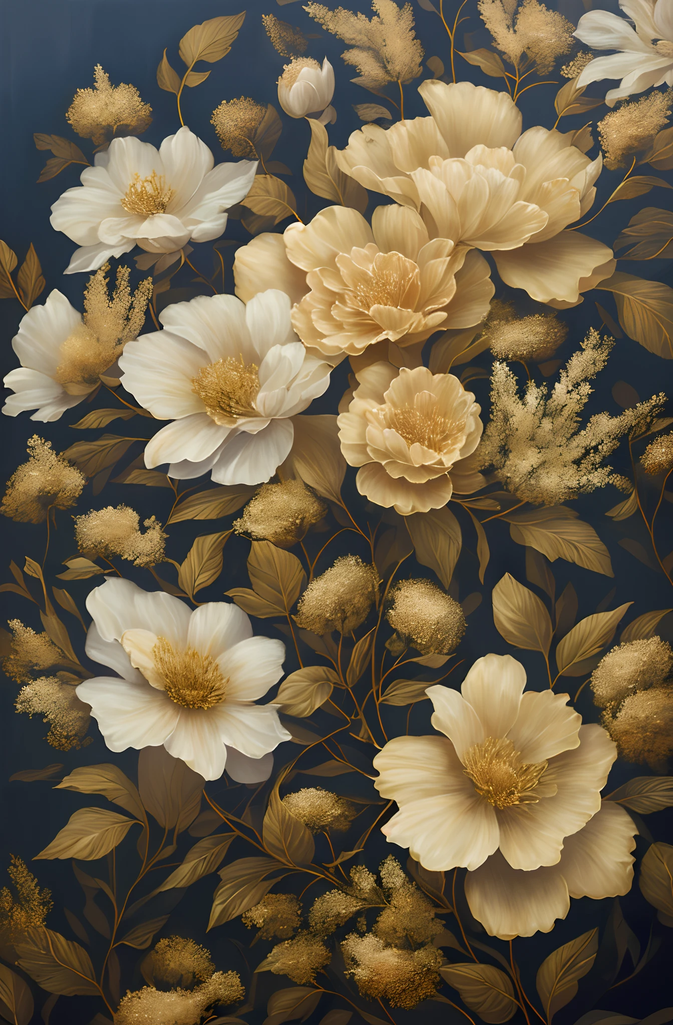 There's a painting with only flowers，There's a lot of flowers in it, Flores douradas, flores de ouro, flores e ouro,  a beautiful artwork illustration, flores detalhadas, pintura digital altamente detalhada,flores ornamentadas, floral ornamentado