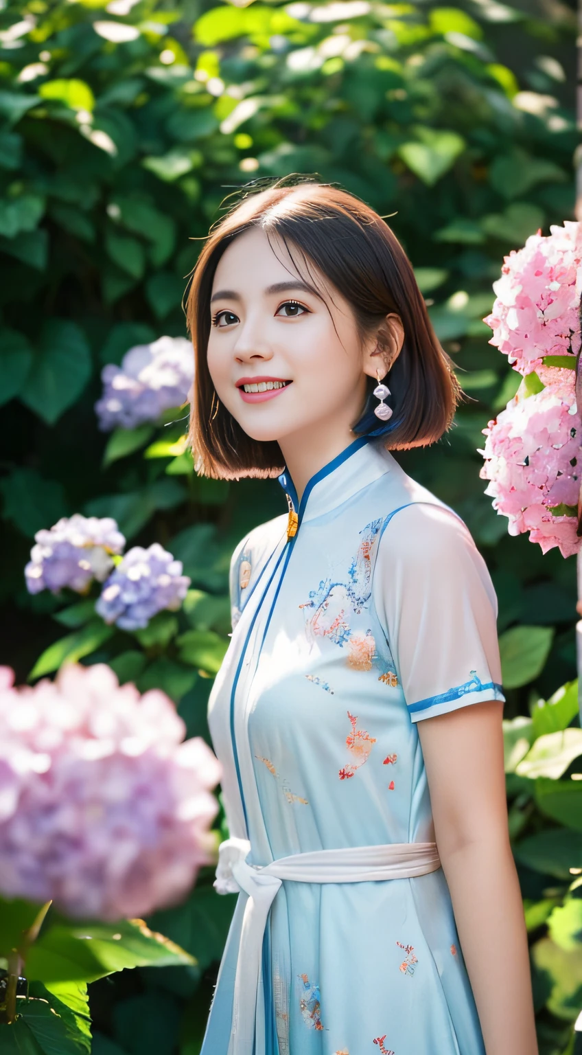 ((((Full body photo))), ((Light blue eyeliner))),((Lens flare)),(Wearing china clothes)),((Super Soft Focus)))), Smiling, (profile))))), (Upward)), Twilight, taking a shower, colorful hydrangea in the background, Surrounded by hydrangeas, ((pastel sunset)), (yinchuan:1.5), Masterpiece, Best quality, RAW photo, Photorealistic, face, Beautiful girl, Cute, Short hair, (((Depth of field)))), high resolution, Ultra detail, finedetail, Very detailed, Cinematic lighting