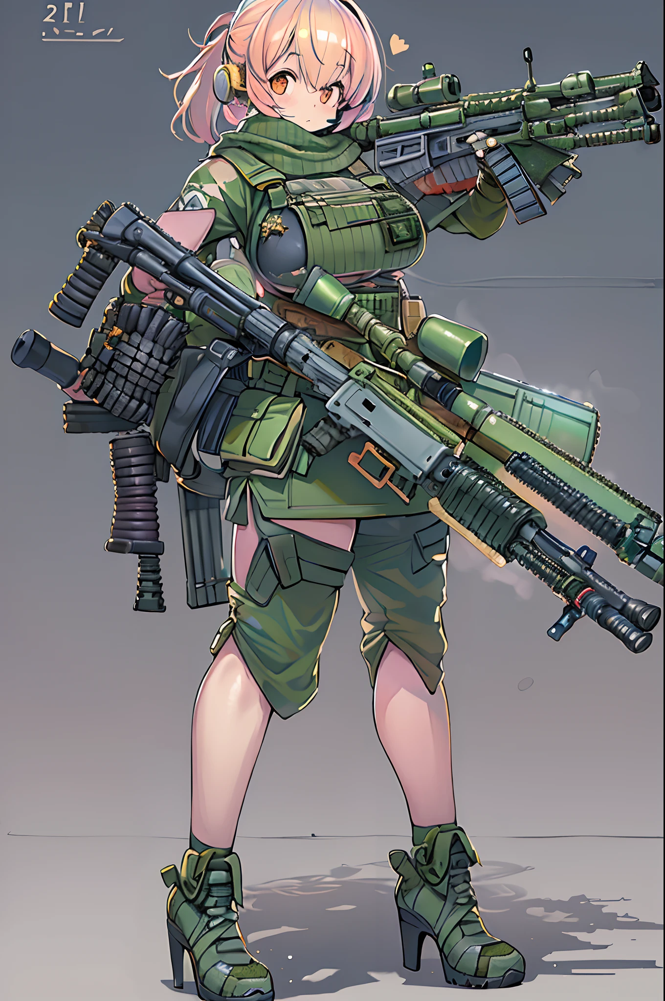 (((((Hold a huge assault rifle)))))、Long sideburns、Anime-style girl with beautiful whole body, clean detailed faces, ciber,analogous colors, Glowing shadows, beautiful gradients, depth of fields, CLEAN IMAGE, High quality,Black Parker Closing、 high detailing, High Definition, blush, Fit, Heavenly Beauty, Very detailed,Smoking,((assault rifle))、sniper、Sniper rifle lance with a thin and long barrel