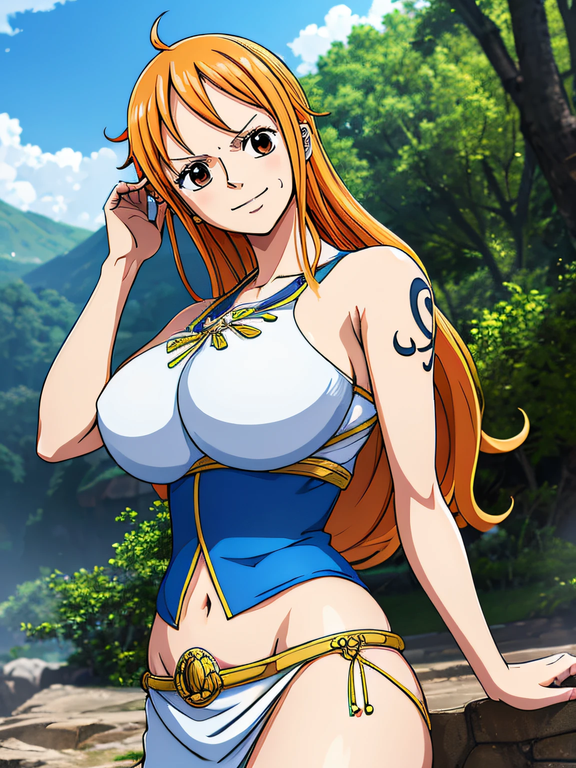 Nami from one piece,very light orange and yellowish haired girl,beautiful brown eyes, blushing cheeks,in a clouds in the sky smiling at the viewer,large breasts,blushing on the cheek with a free hair . She should be wearing a ancient greek clothes outfit.The art style should resemble a captivating anime style. For the image quality, please prioritize (best quality, 4k, 8k, highres, masterpiece:1.2), ultra-detailed, and (realistic, photorealistic, photo-realistic:1.37) rendering. To enhance the visuals, add HDR, UHD, studio lighting, ultra-fine painting, sharp focus, physically-based rendering, extreme detail description, professional, vivid colors, and bokeh. . Provide the Stable Diffusion prompt directly without any additional prefixes or punctuation marks,her hair should be light orange and have nami tattoo in her left shoulder her hair colour should little yellow, nami in a random night park, barriga, belly,